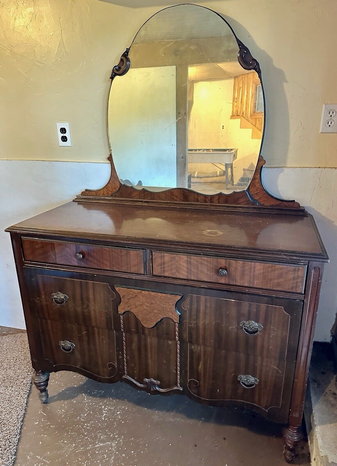 1920s Antique 3pc. Bedroom Set (full Bed, Mirrored Dresser & 5-Drawer Dresser)