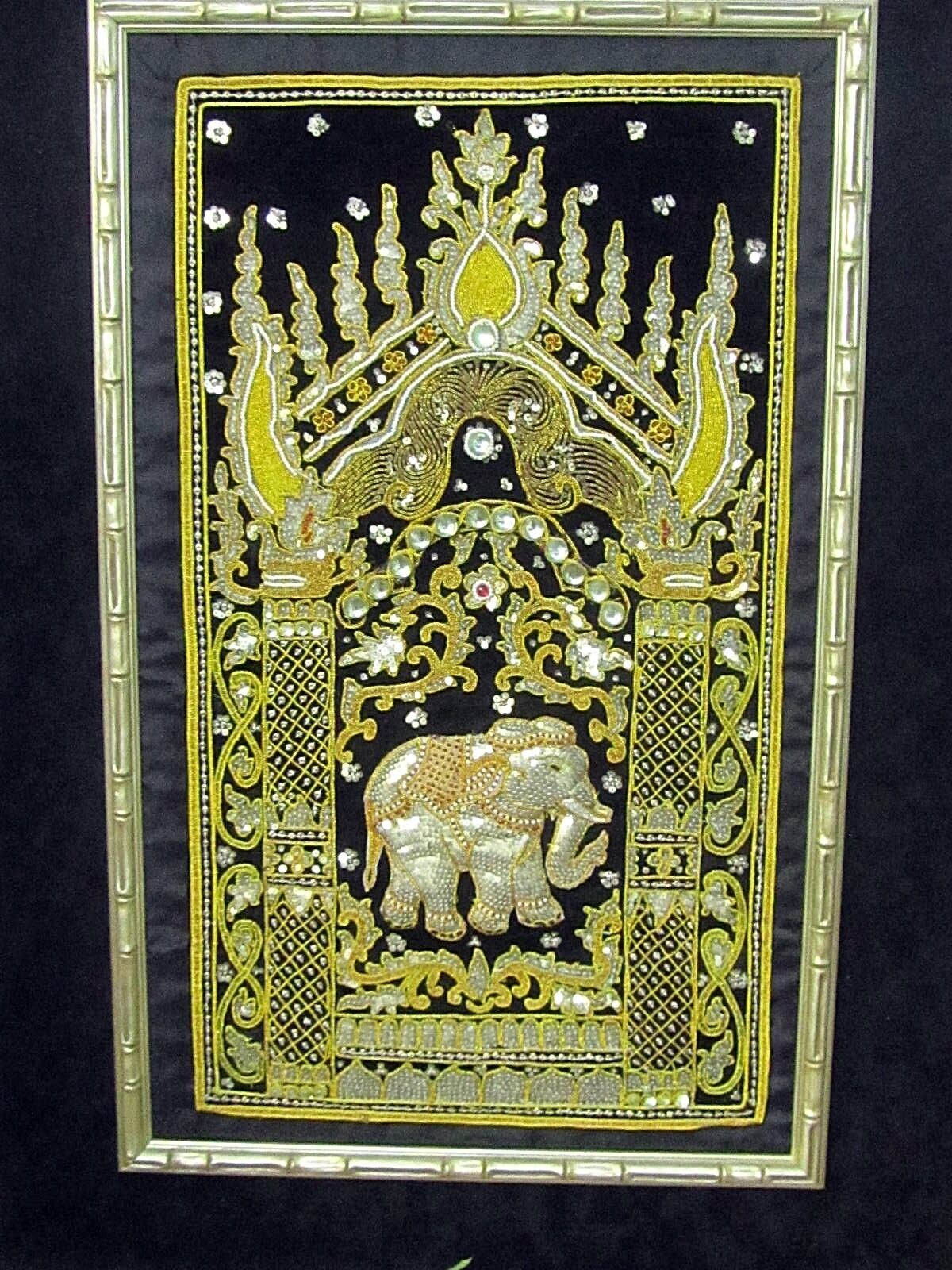 Framed Vintage Beadwork Elephant Wall Art 31x42