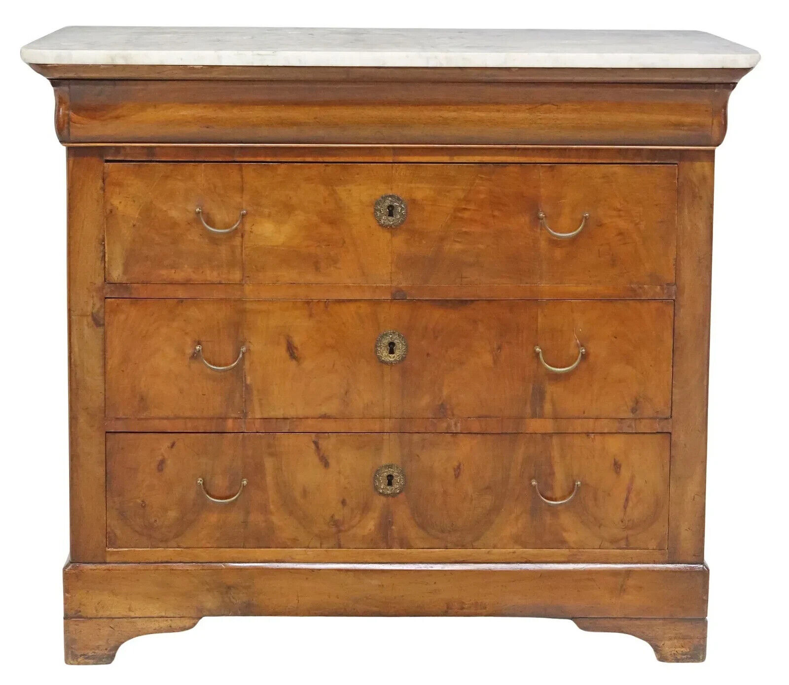 Antique Commode, Fren. Louis PhiIippe, Marble-Top, Flame, Burled Mahogany, 1800s