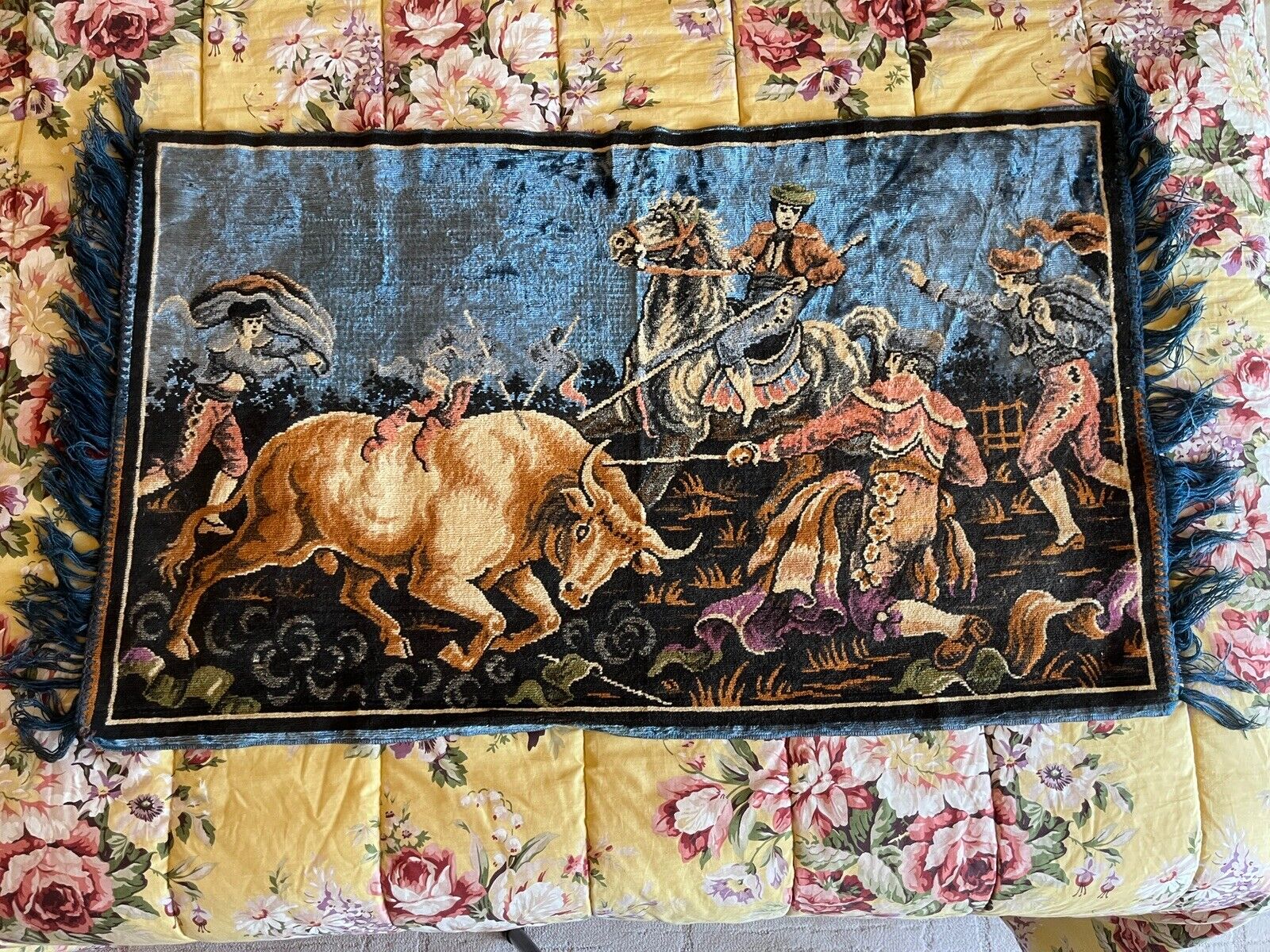 Spanish Antique Wool Bullfight Tapestry Wall Art