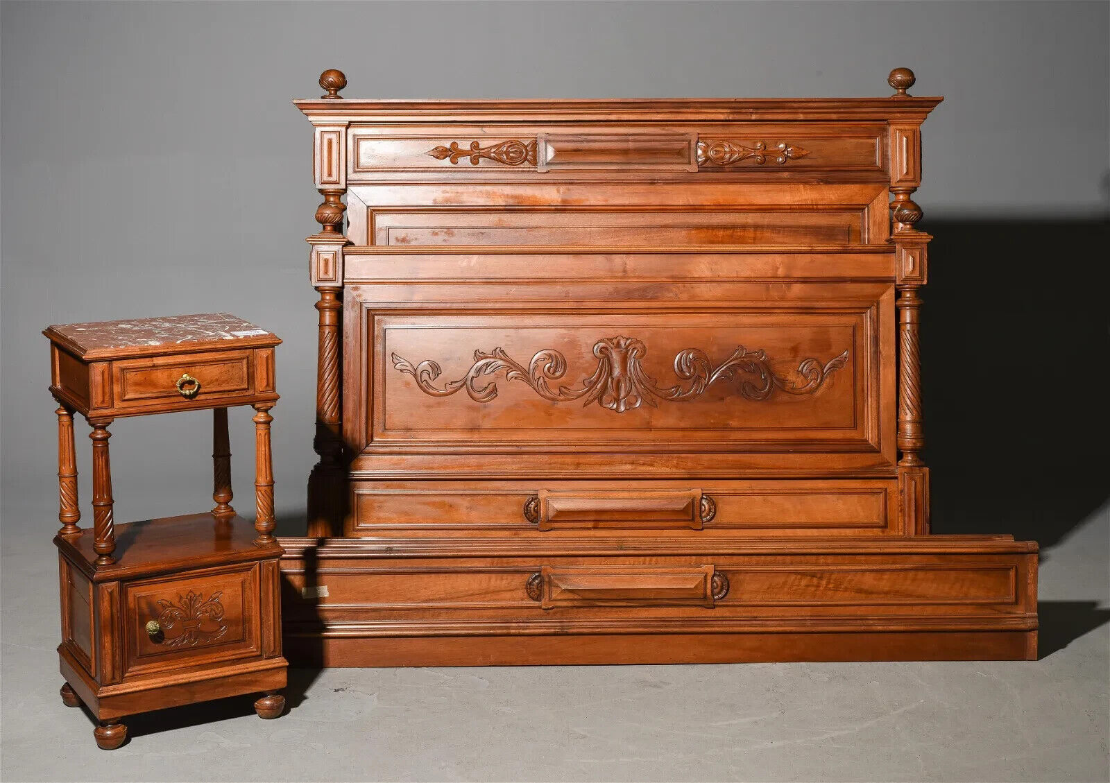 Antique Bed, Nightstand, Louis XVI Style Walnut with Rails & Marble Top,  1800s!