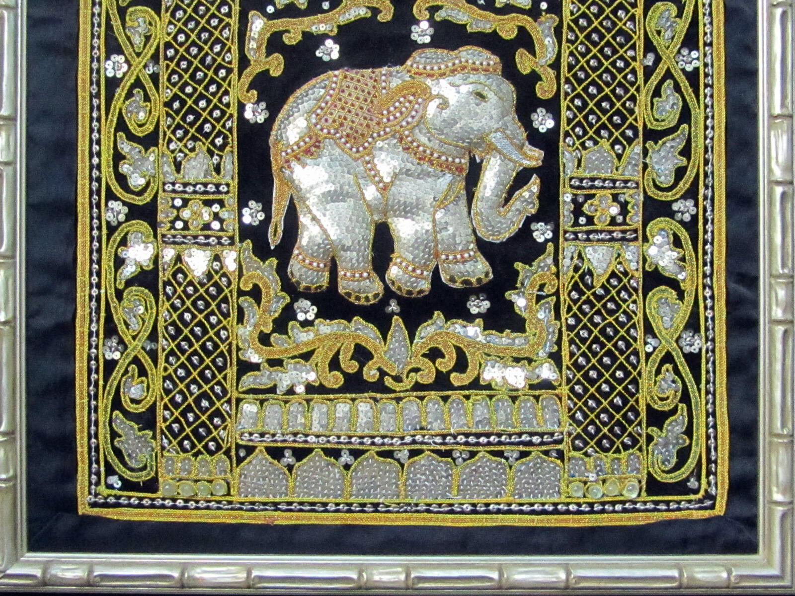 Framed Vintage Beadwork Elephant Wall Art 31x42