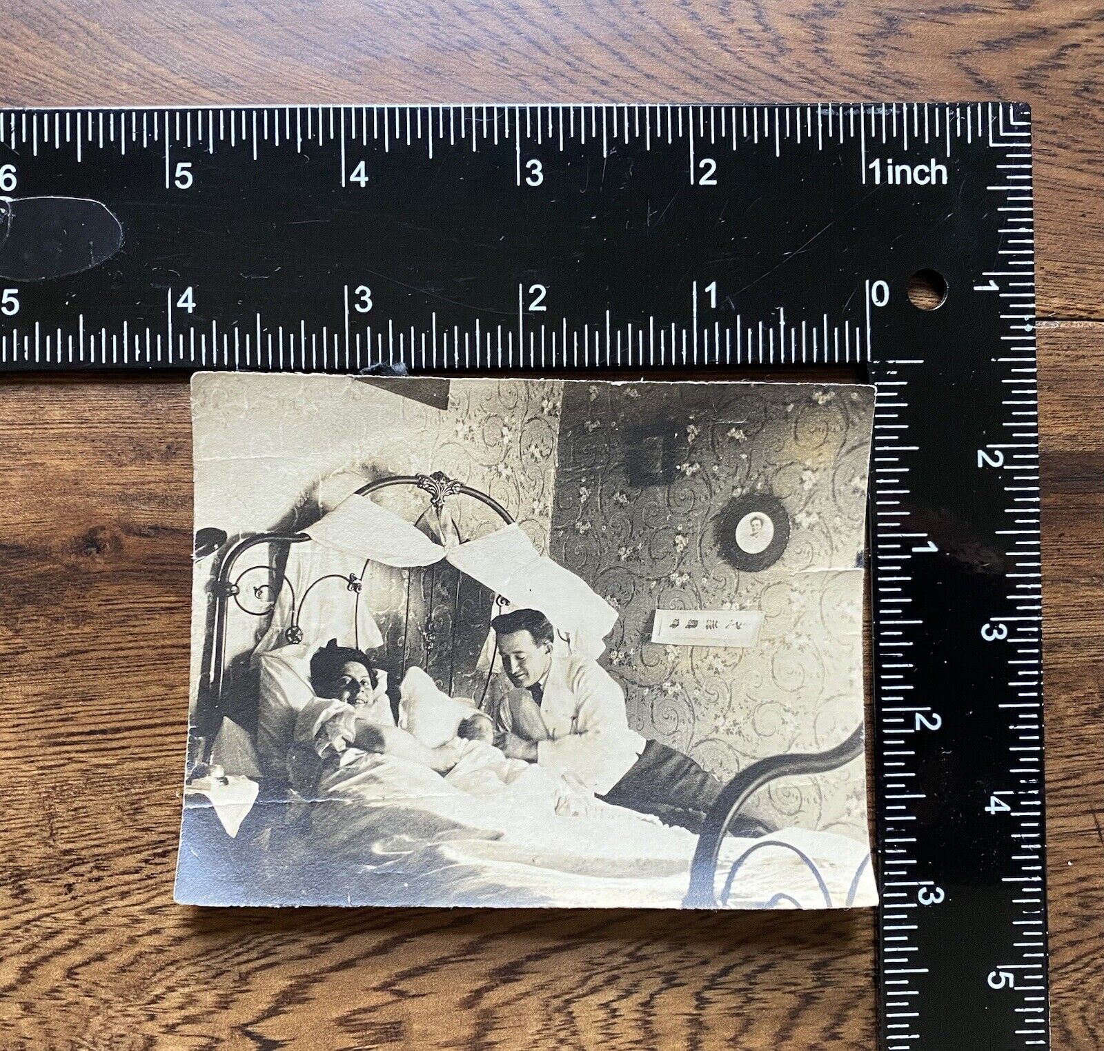Couple in Bed with Baby Interior Bedroom Early 1900's Antique Vintage Photo