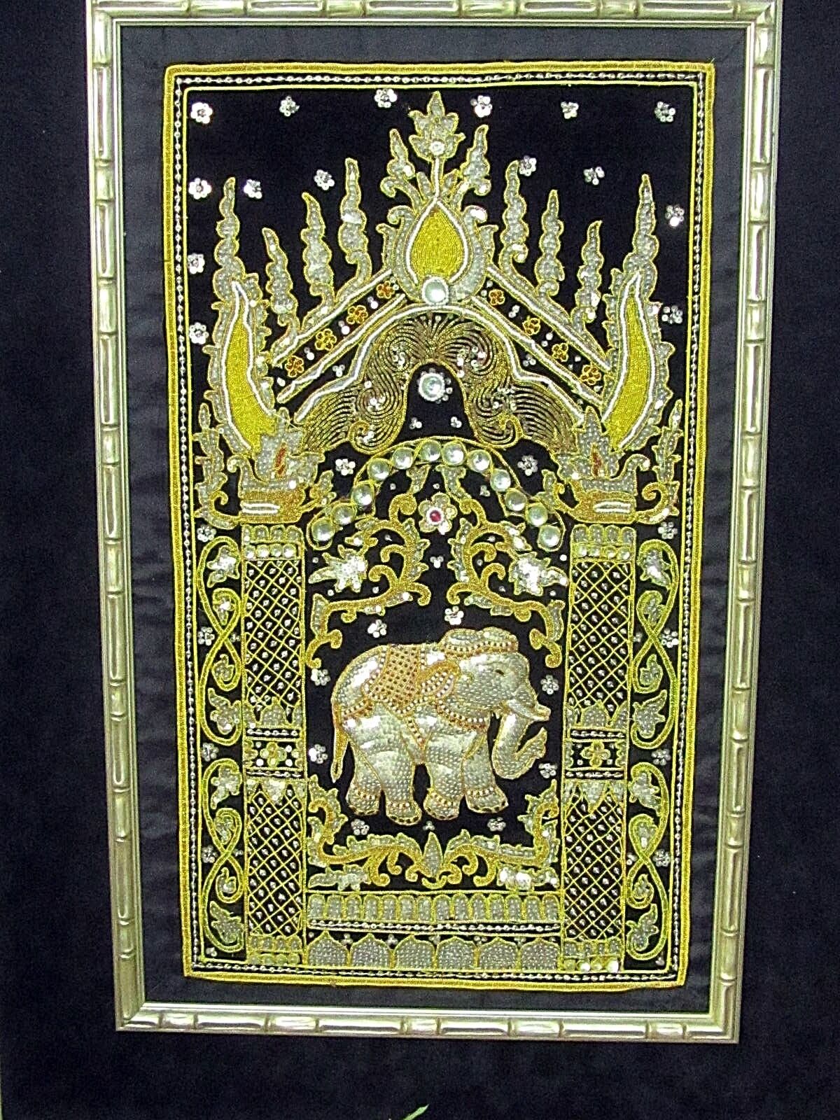 Framed Vintage Beadwork Elephant Wall Art 31x42