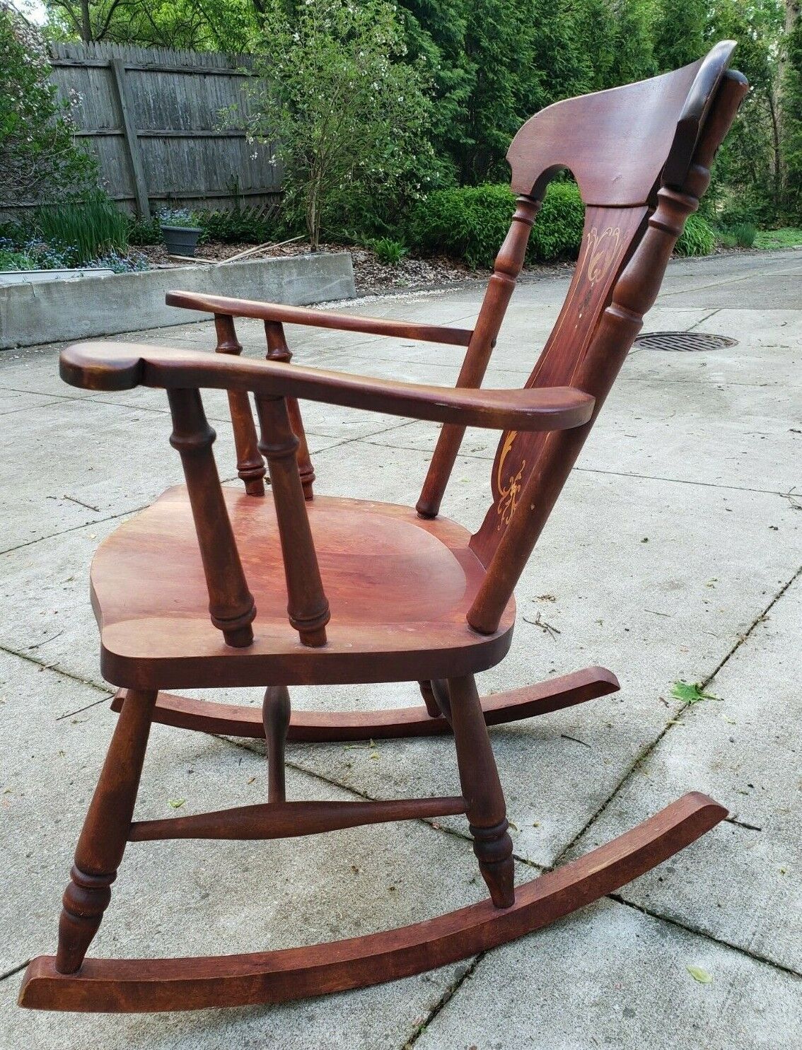ANTIQ 1800's US Wood Rocking Chair w/Violin Back & Curvy/leafy/Floral/MOP Inlay 