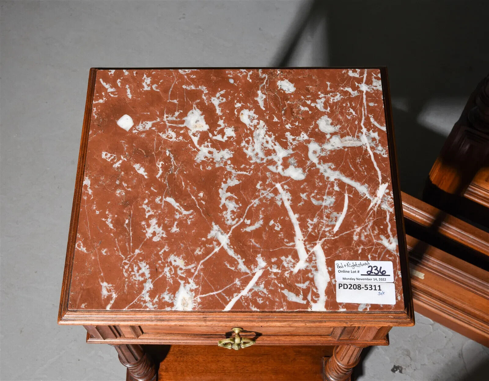 Antique Bed, Nightstand, Louis XVI Style Walnut with Rails & Marble Top,  1800s!