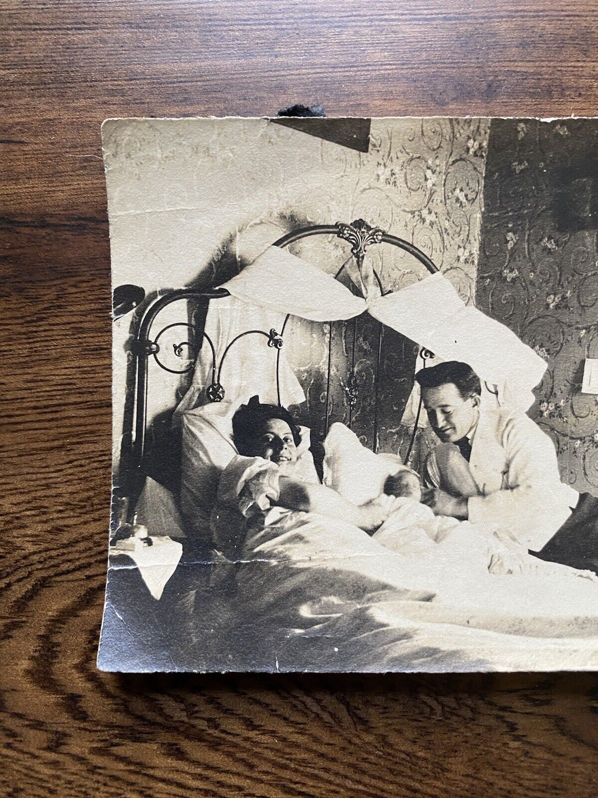 Couple in Bed with Baby Interior Bedroom Early 1900's Antique Vintage Photo
