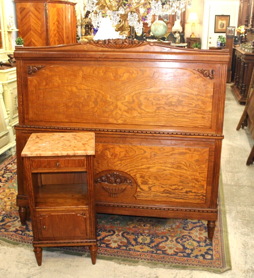 French Antique Burled Oak Art Deco Bedroom Set Queen Size Bed & Nightstand Set