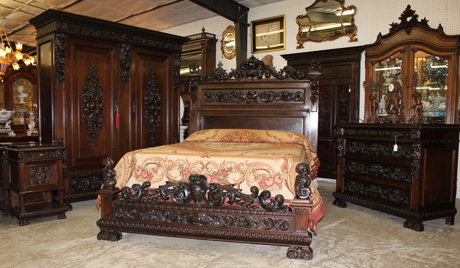 Antique Carved Italian Walnut 1800's Five Piece Queen Bed Bedroom Set
