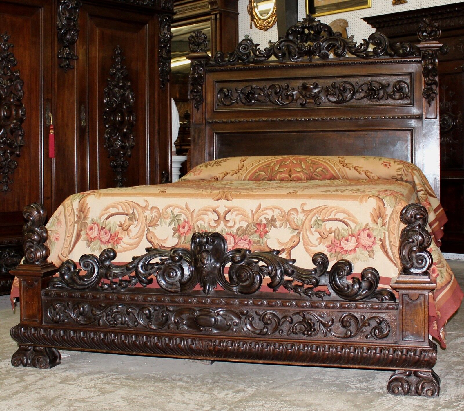 Antique Carved Italian Walnut 1800's Five Piece Queen Bed Bedroom Set