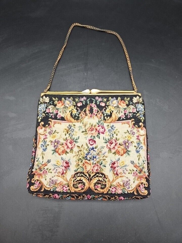 Victorian Petite Point Floral Tapestry Purse