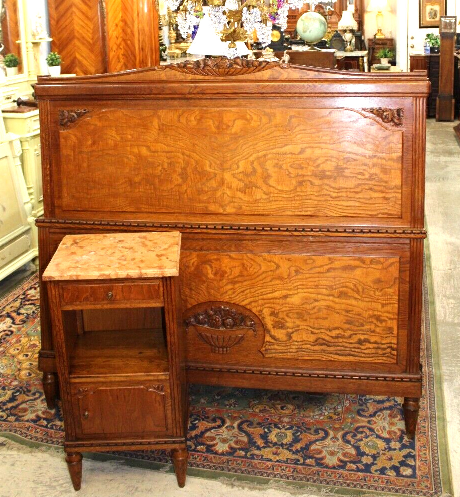 French Antique Burled Oak Art Deco Bedroom Set Queen Size Bed & Nightstand Set