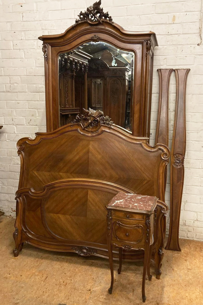 ARRIVES NOV 2024: Walnut French Antique Louis XV Bedroom Set Signed Mercier