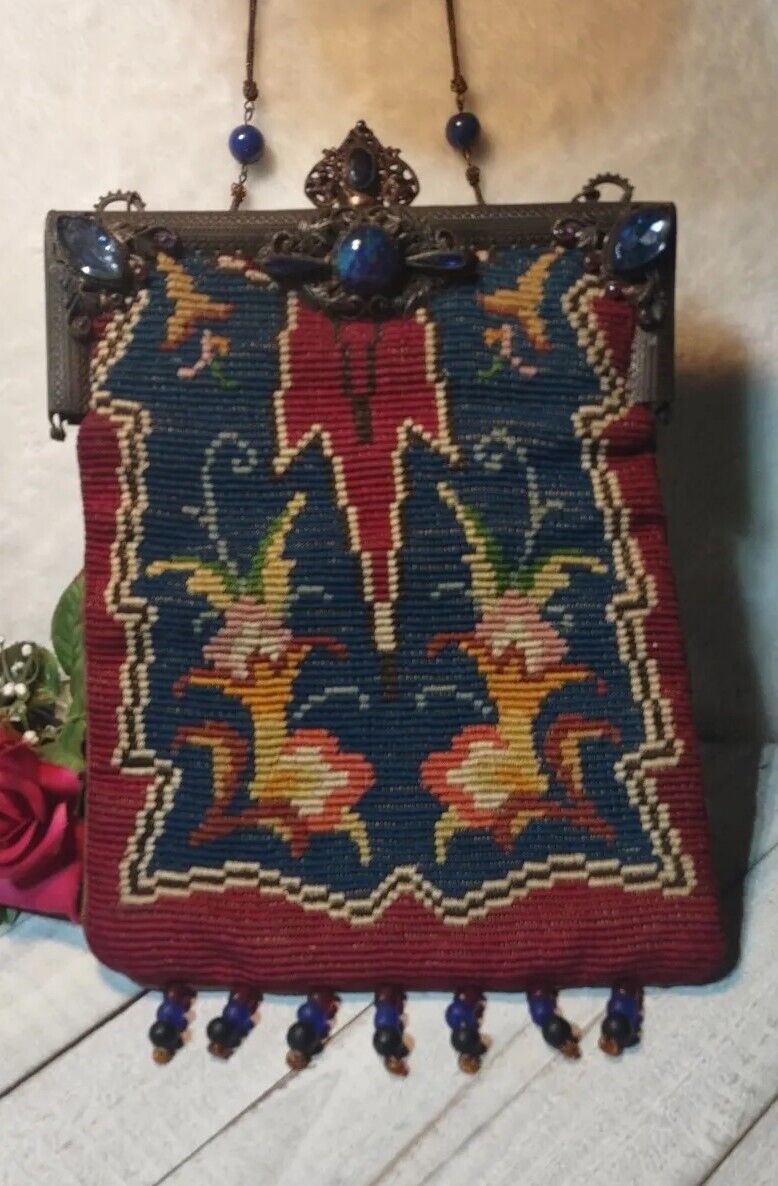 Victorian Jeweled Frame Tapestry Purse Antique
