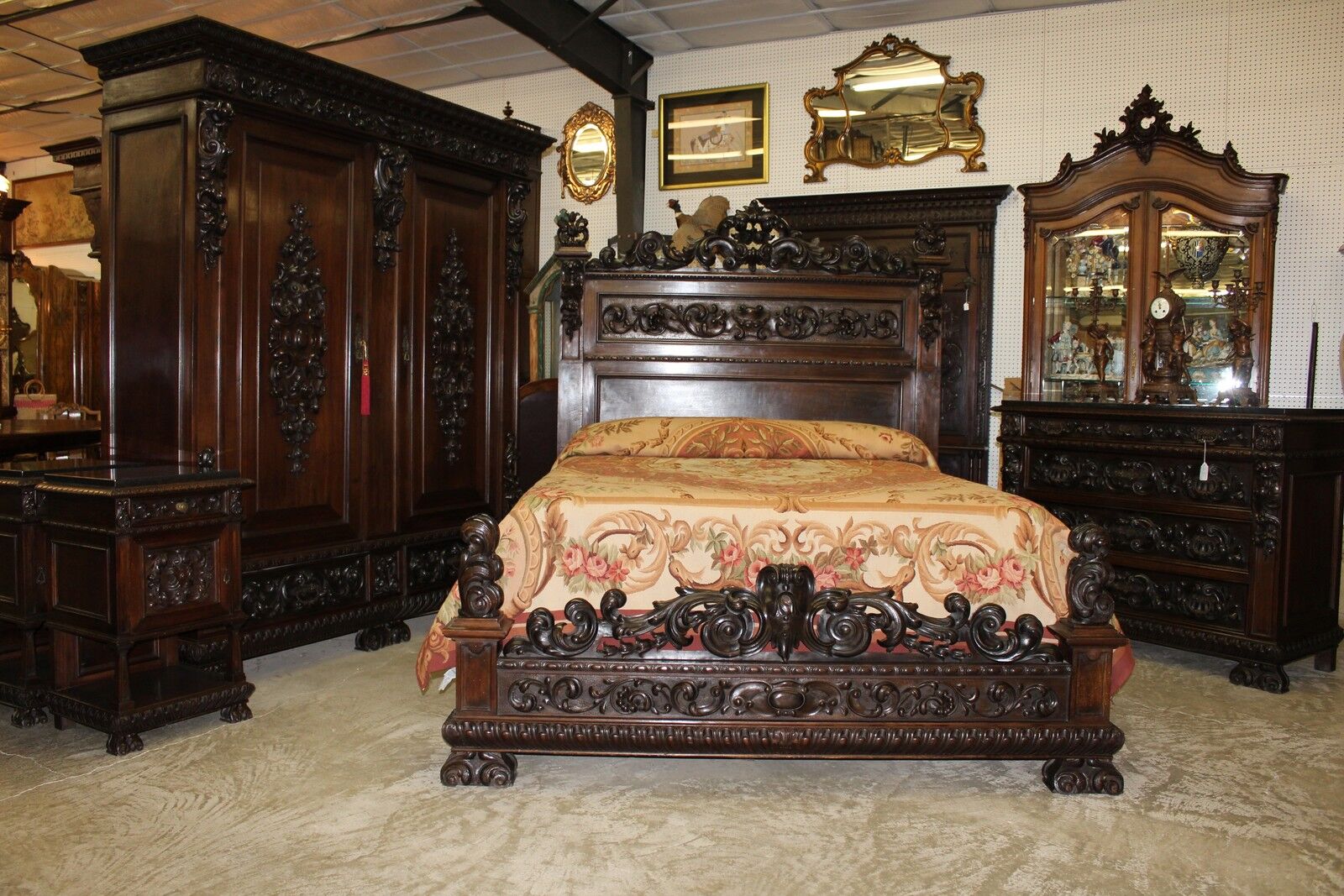 Antique Carved Italian Walnut 1800's Five Piece Queen Bed Bedroom Set