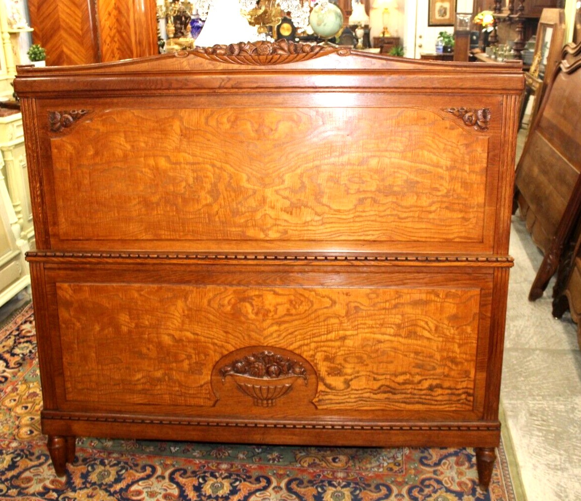 French Antique Burled Oak Art Deco Bedroom Set Queen Size Bed & Nightstand Set