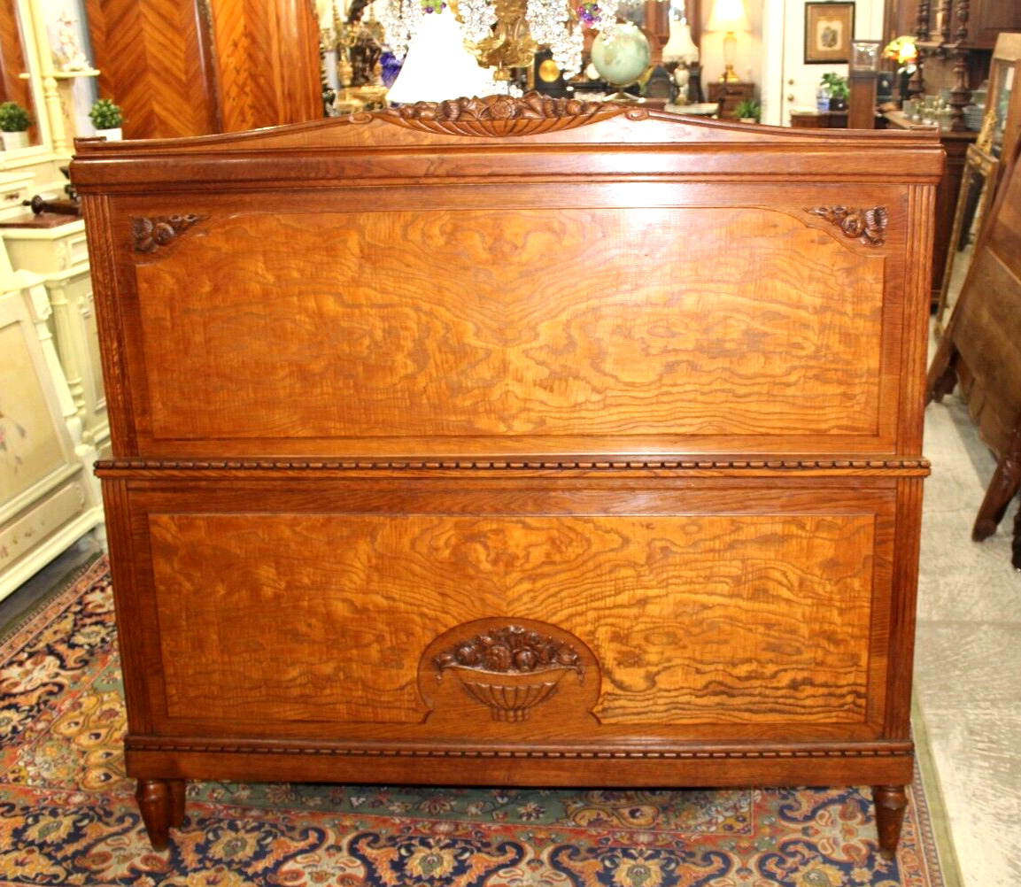French Antique Burled Oak Art Deco Bedroom Set Queen Size Bed & Nightstand Set