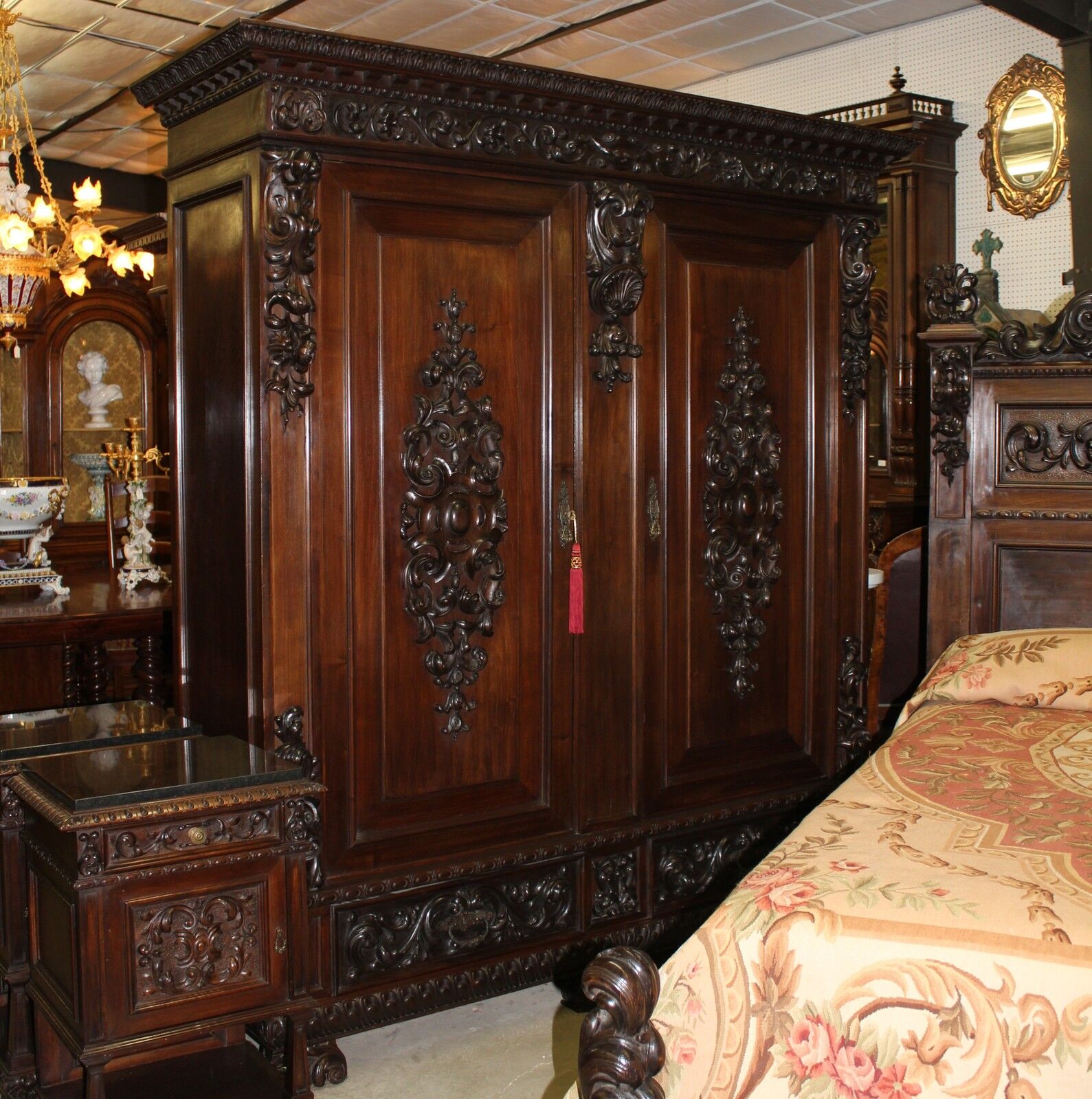 Antique Carved Italian Walnut 1800's Five Piece Queen Bed Bedroom Set