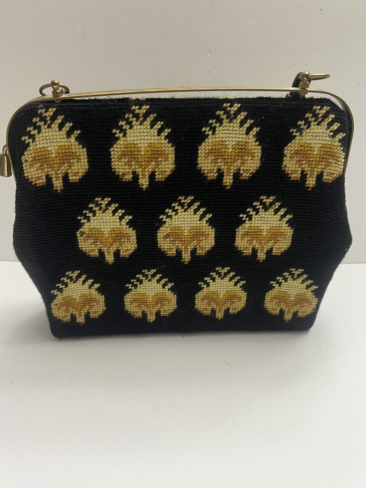 Antique Black and Gold Needlepoint Tapestry Bag