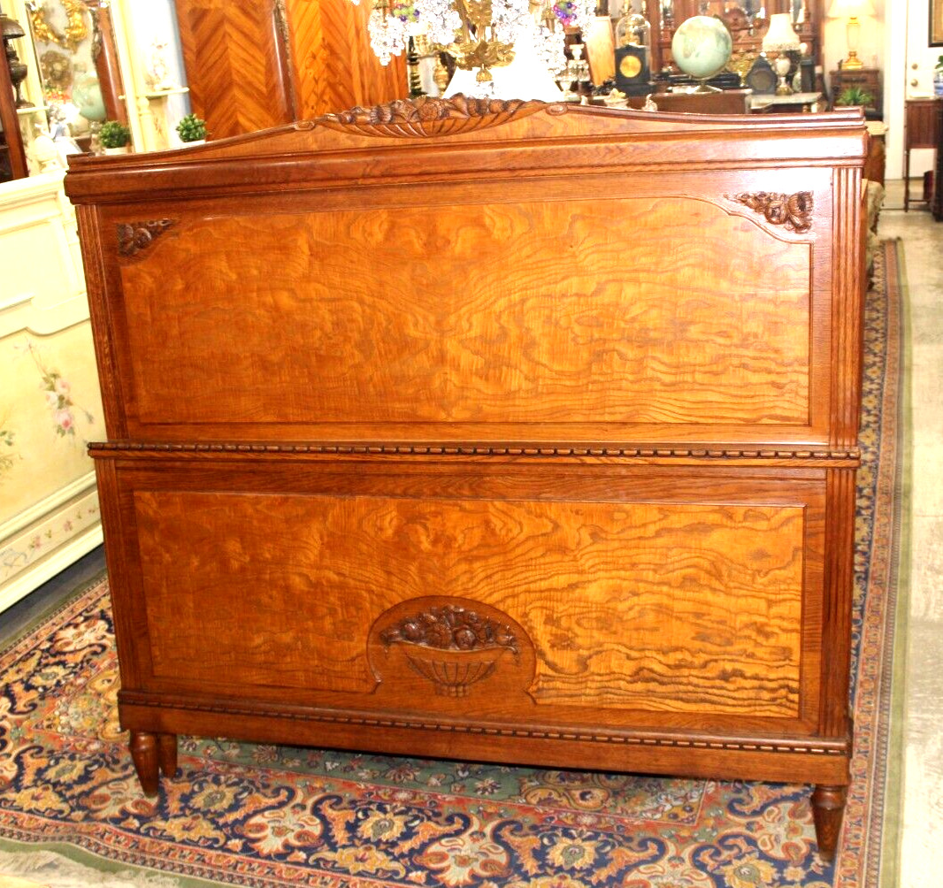 French Antique Burled Oak Art Deco Bedroom Set Queen Size Bed & Nightstand Set