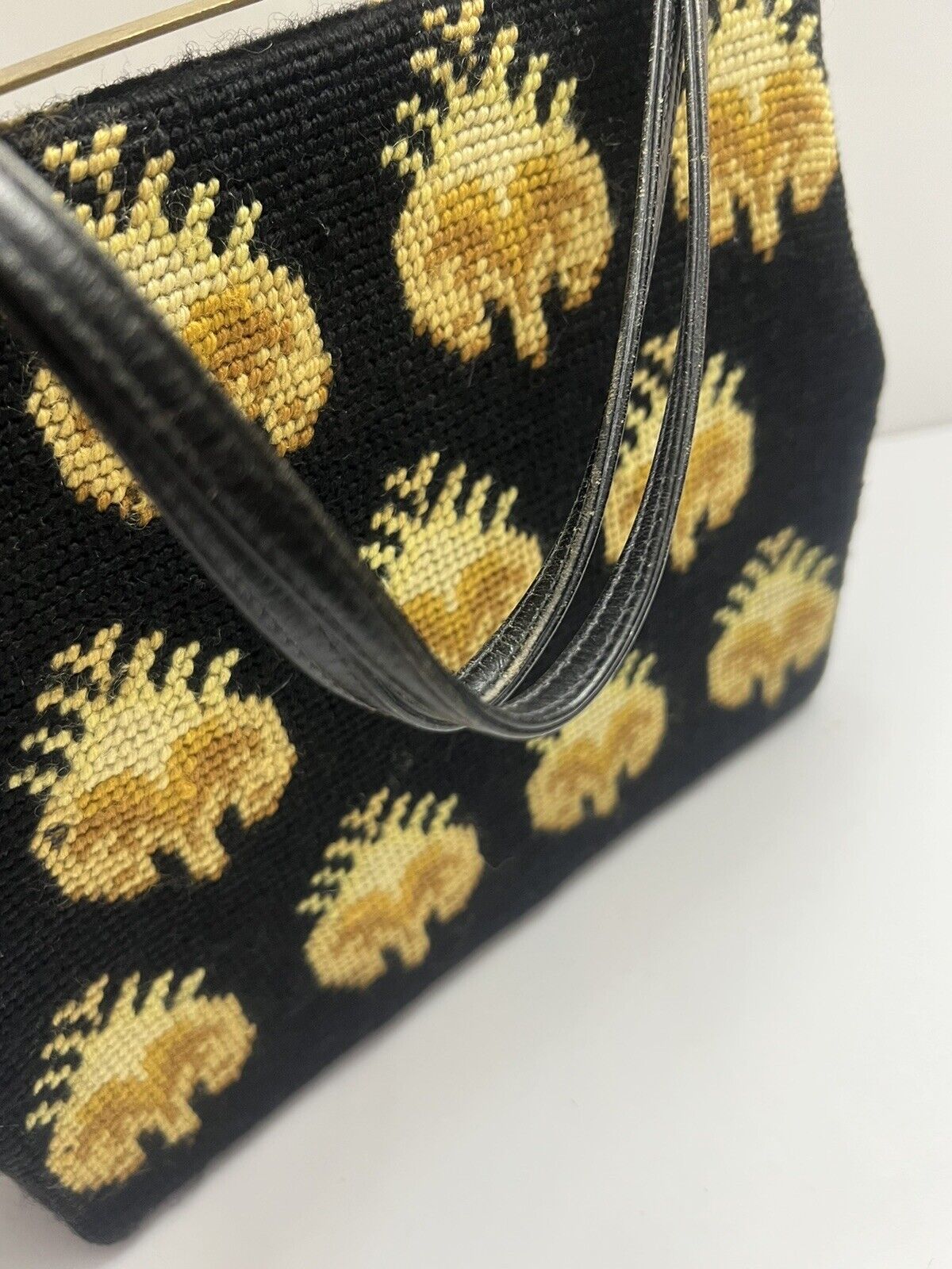 Antique Black and Gold Needlepoint Tapestry Bag
