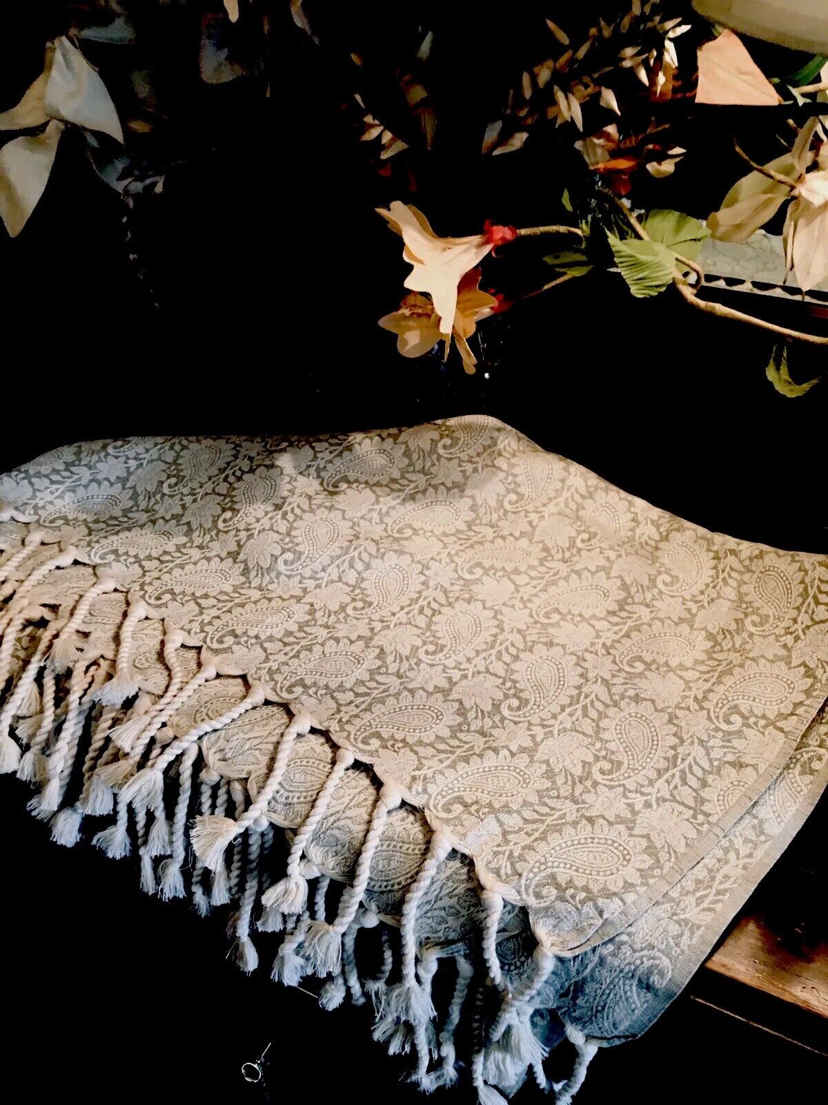 Pale Green Antique Paisley Fringe Shawl Tapestry