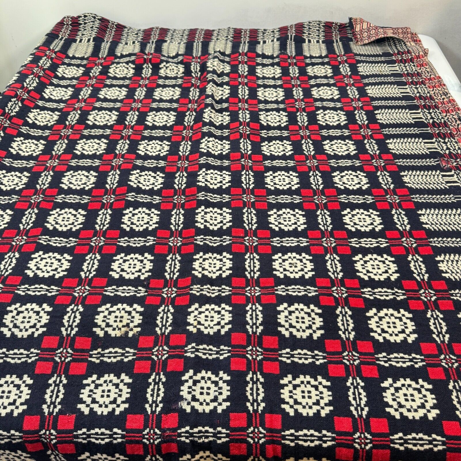Antique handmade coverlet Reversible Jacquard Loomed Wool 1800s red american