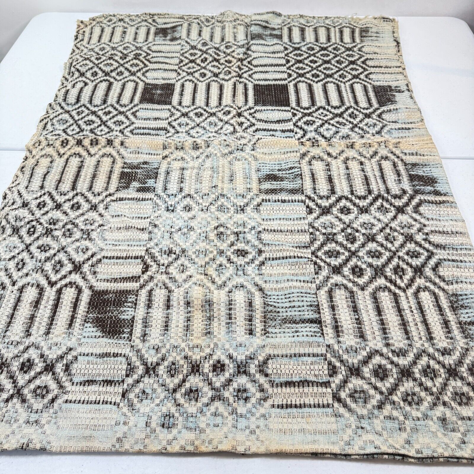 Antique handmade coverlet Reversible Jacquard Loomed Wool 1800s brown american