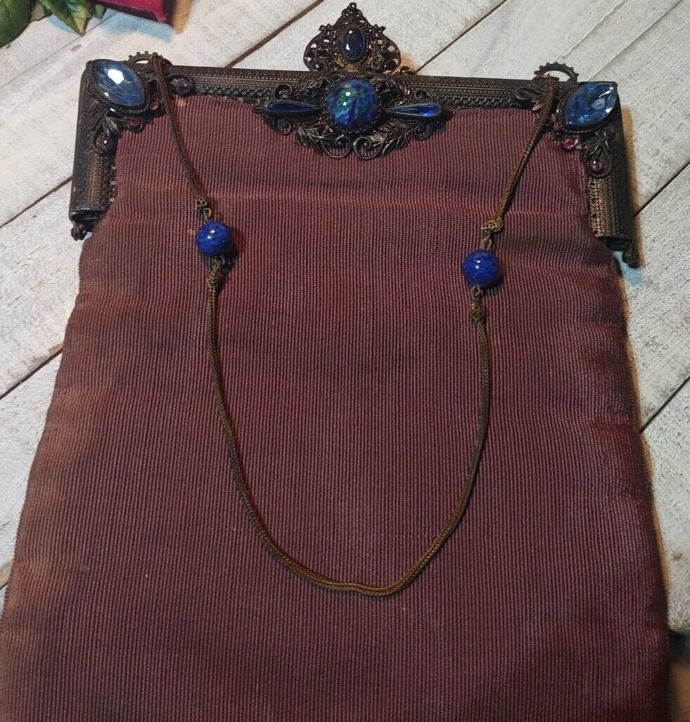 Victorian Jeweled Frame Tapestry Purse Antique