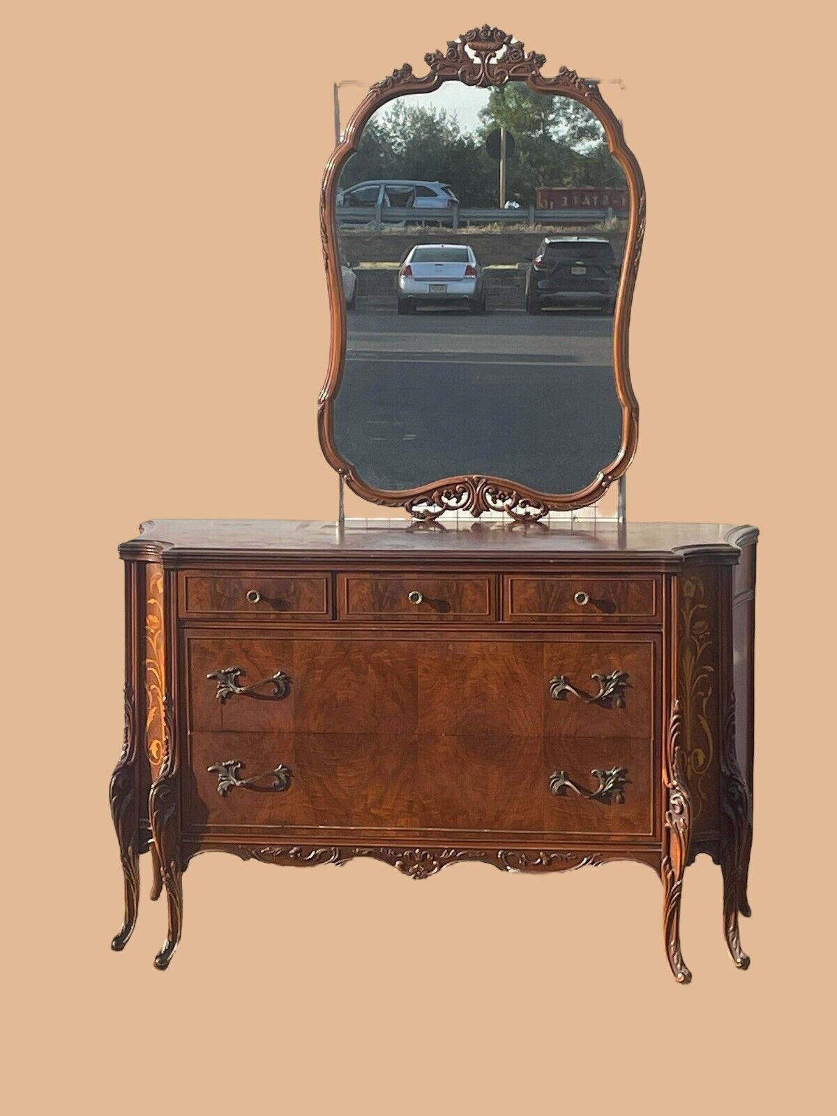 Fabulous Antique Carved Inlaid 6 Pce French Style Bedroom Set