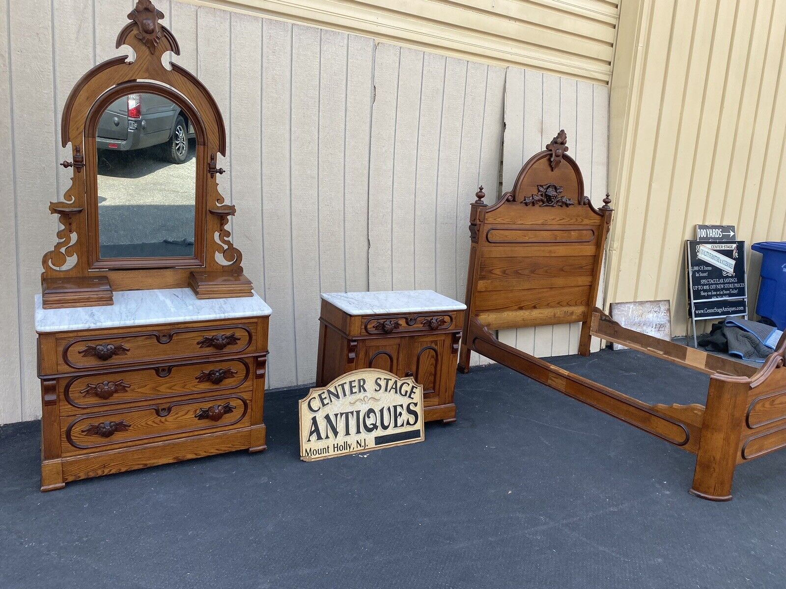 65516 Antique Victorian Oak Bedroom Set Full Bed Dresser w/ mir. Washstand