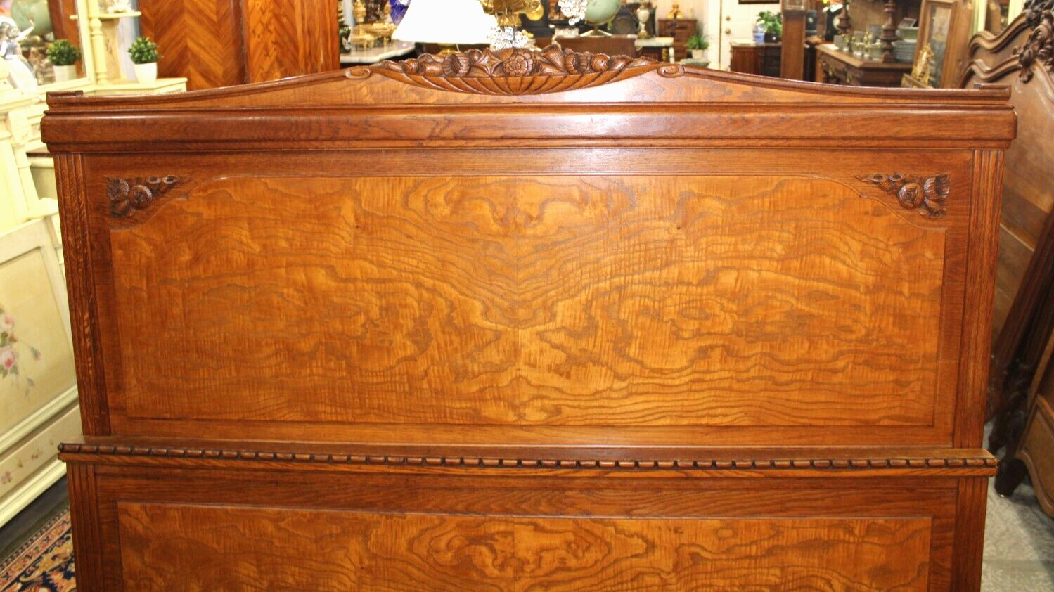 French Antique Burled Oak Art Deco Bedroom Set Queen Size Bed & Nightstand Set