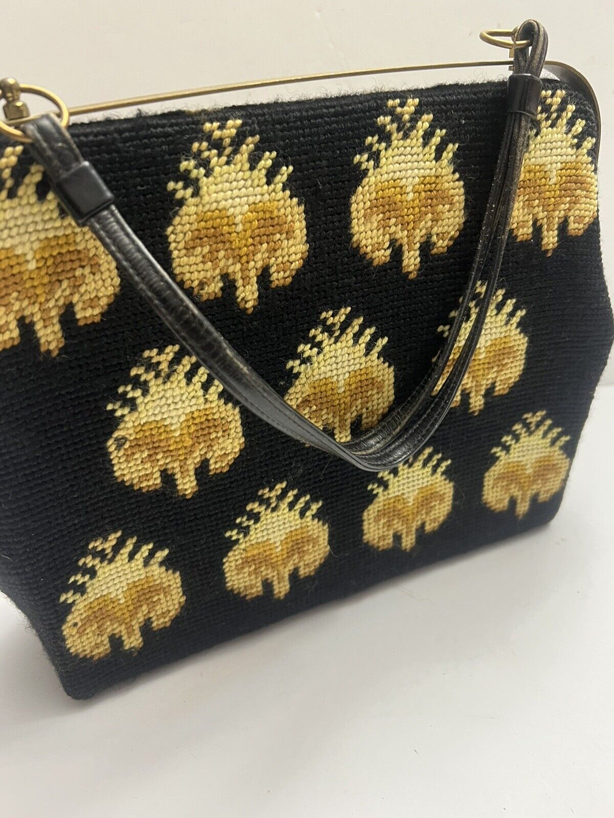 Antique Black and Gold Needlepoint Tapestry Bag