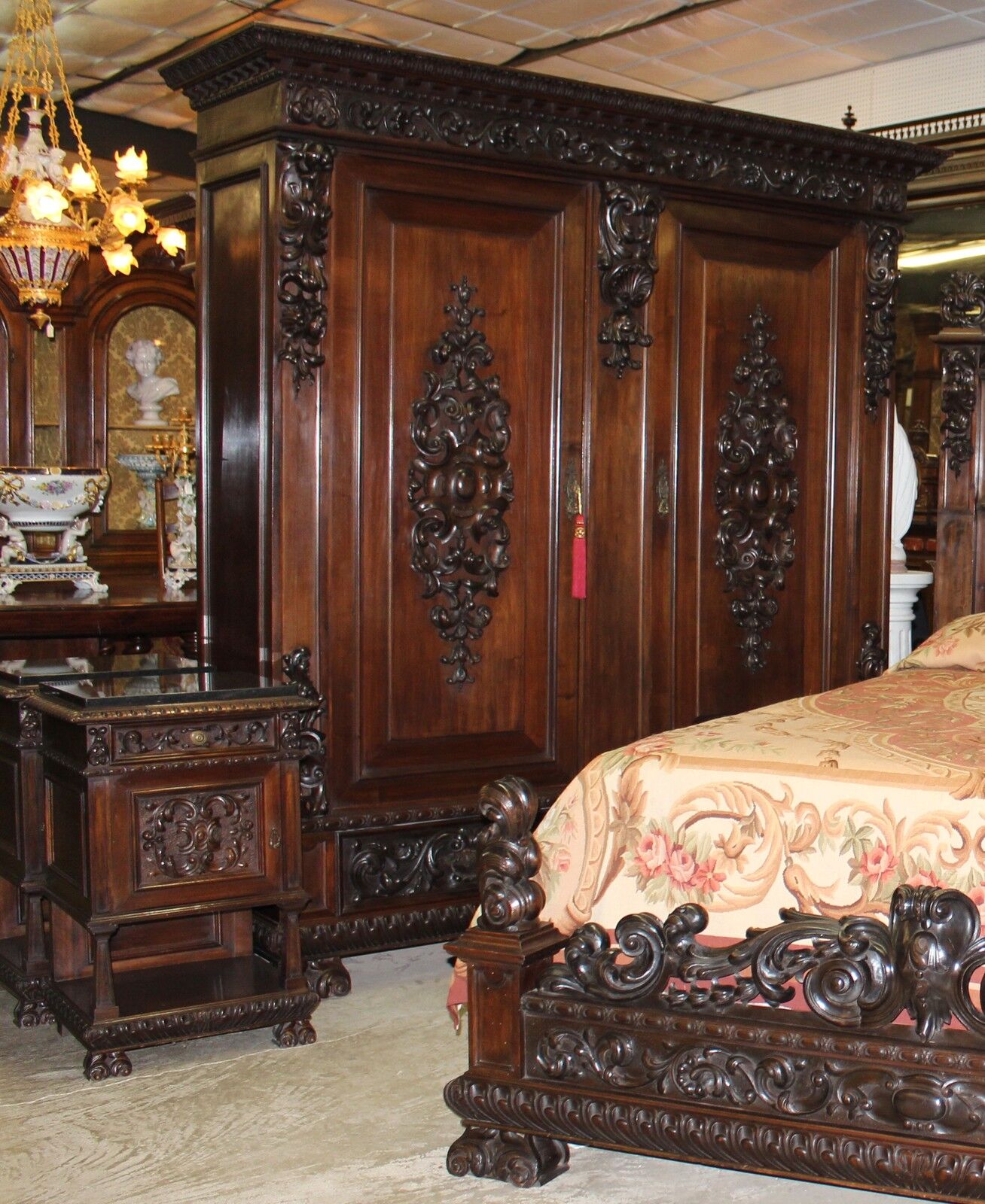 Antique Carved Italian Walnut 1800's Five Piece Queen Bed Bedroom Set