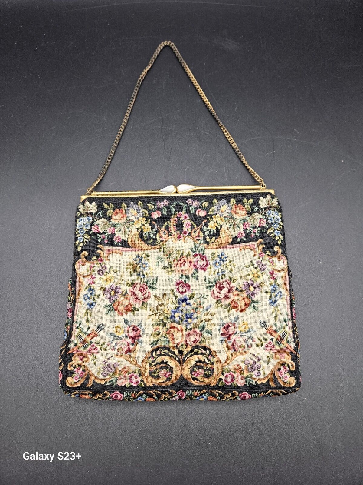 Victorian Petite Point Floral Tapestry Purse