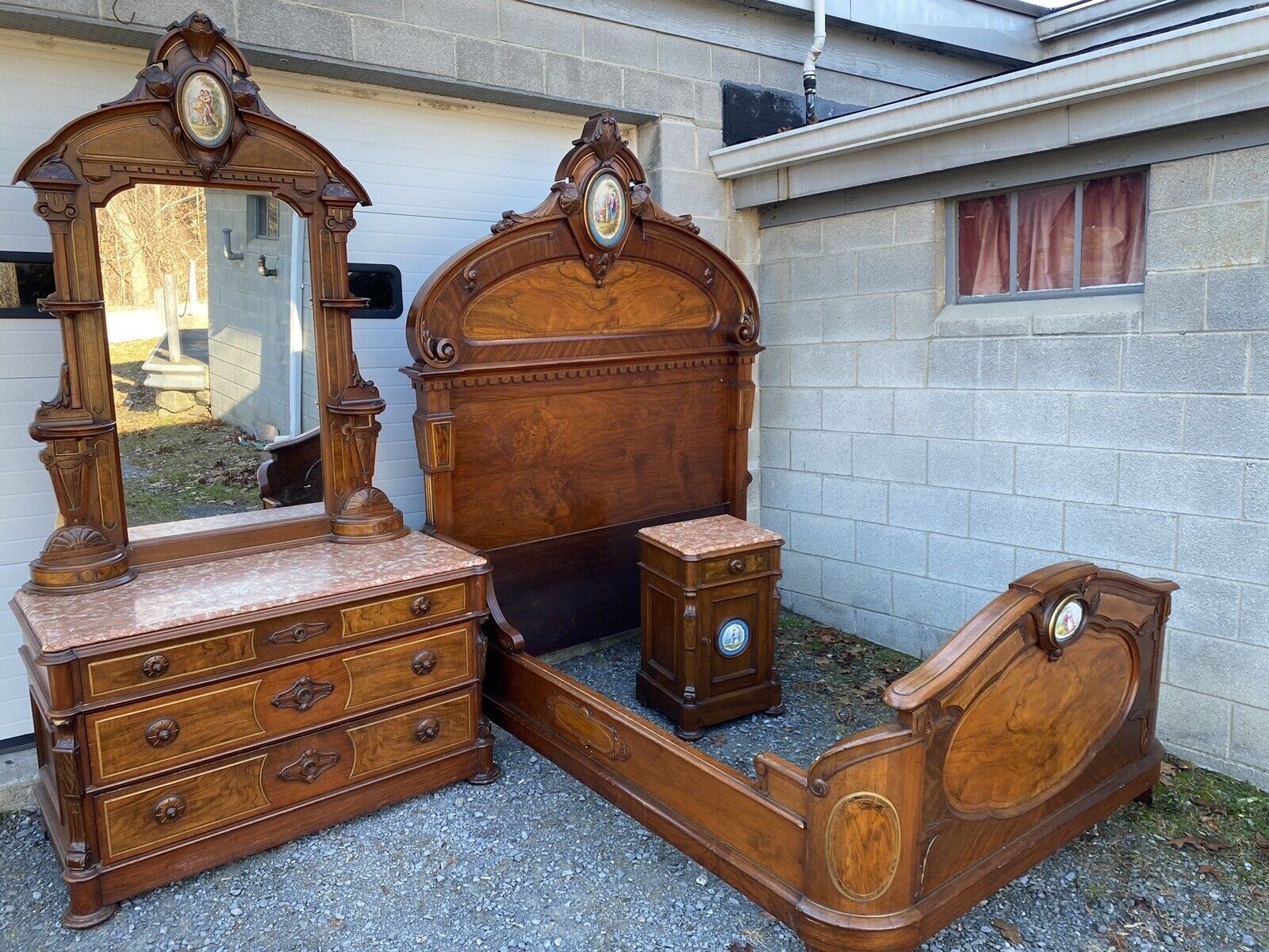 RENAISSANCE 3 PC. WALNUT AND BURL BEDROOM SET WITH PORCELAIN PLAQUES