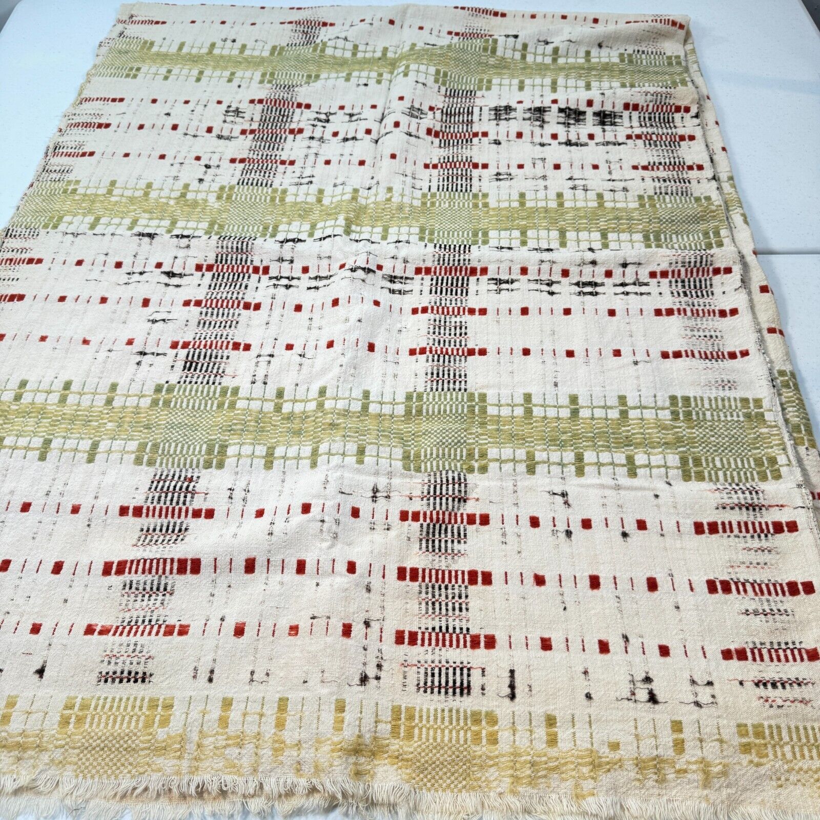 Antique handmade coverlet woven Jacquard Loomed Wool 1800s green american rustic