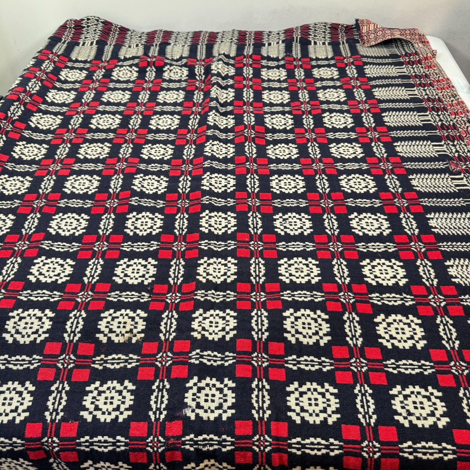 Antique handmade coverlet Reversible Jacquard Loomed Wool 1800s red american