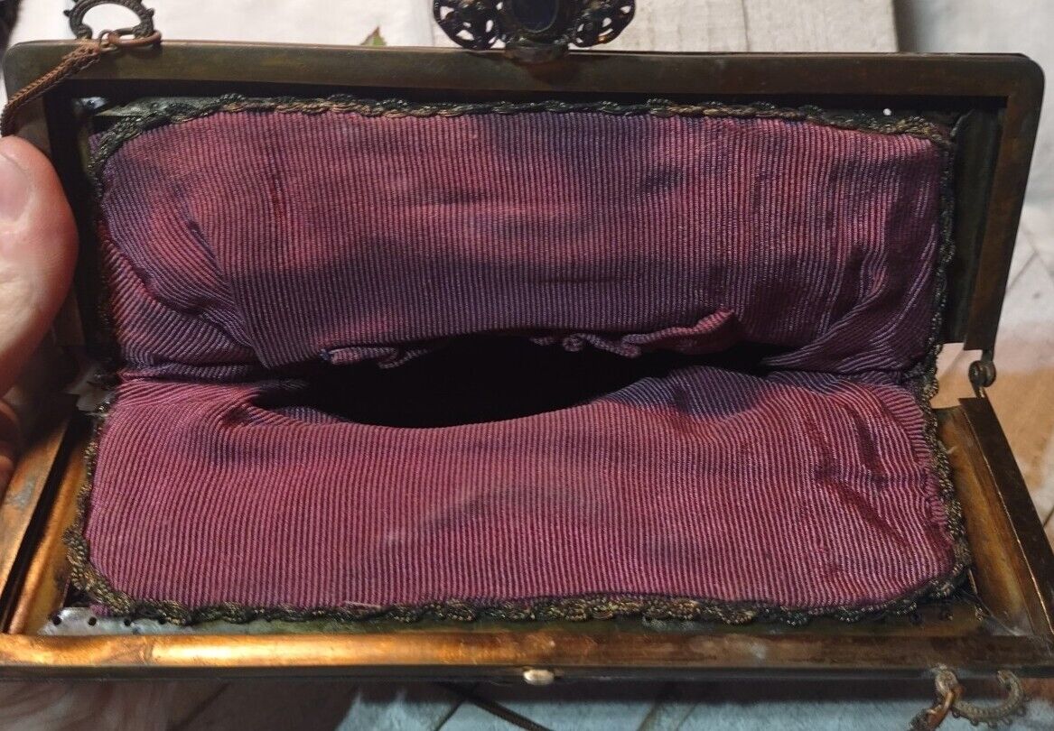 Victorian Jeweled Frame Tapestry Purse Antique