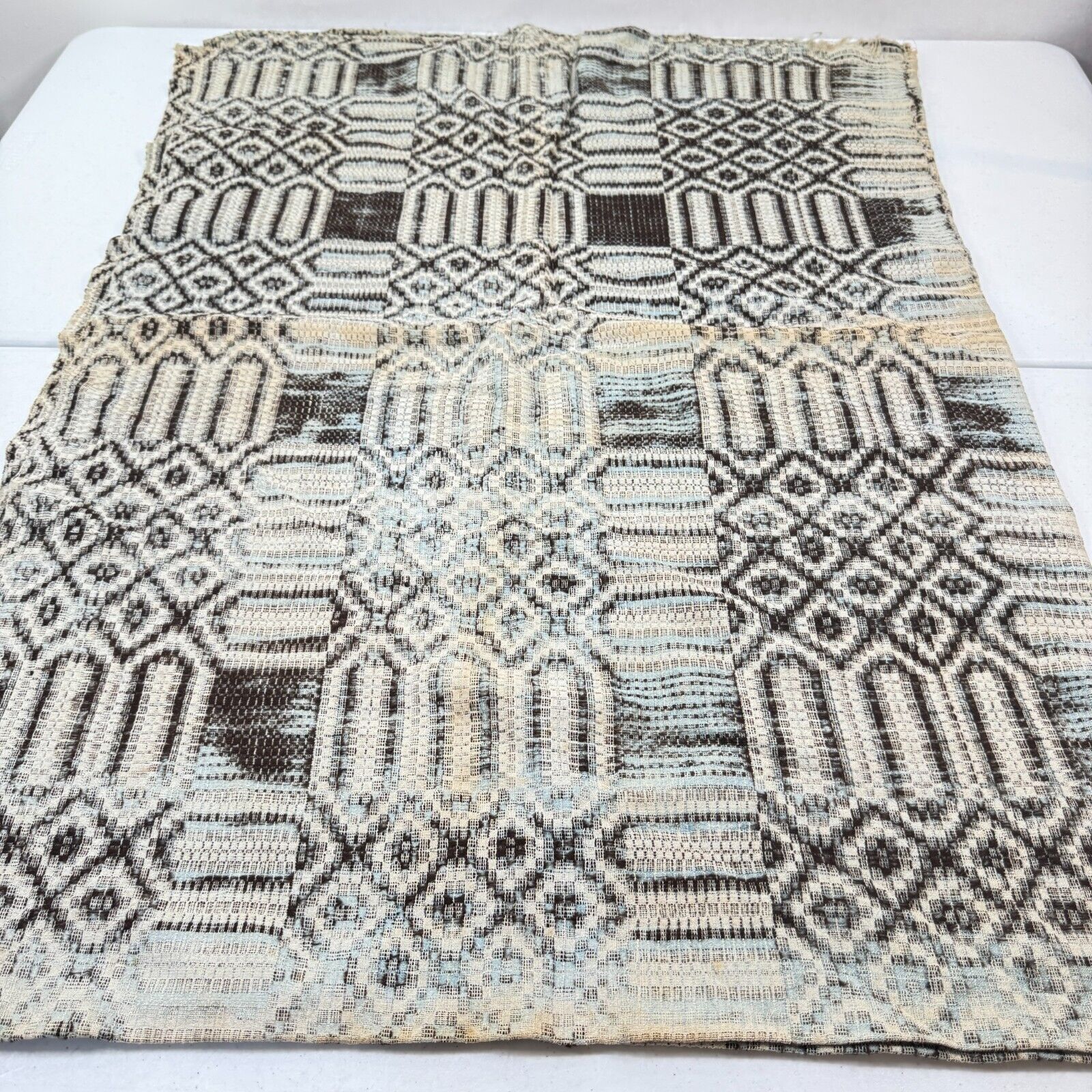 Antique handmade coverlet Reversible Jacquard Loomed Wool 1800s brown american