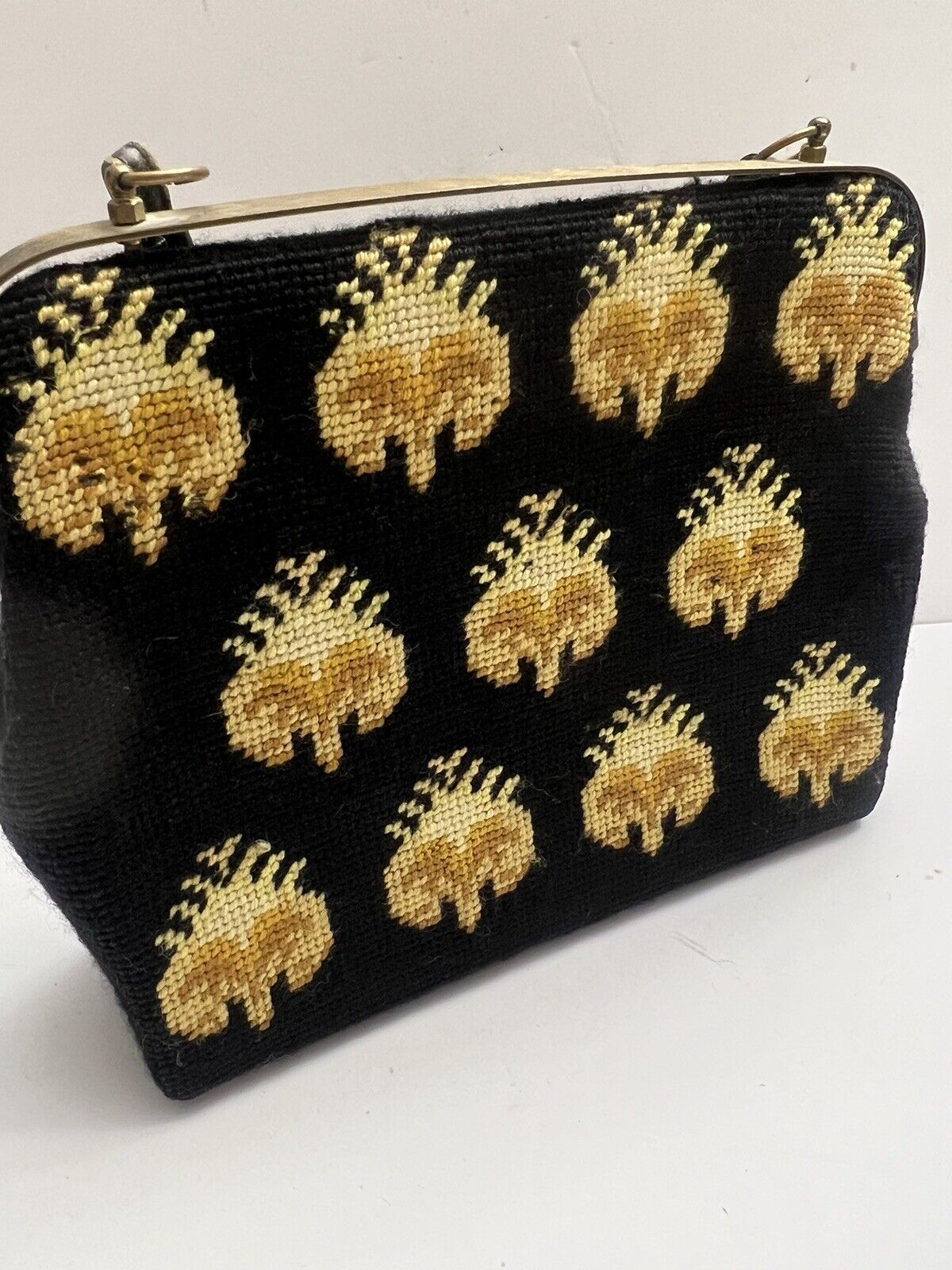 Antique Black and Gold Needlepoint Tapestry Bag