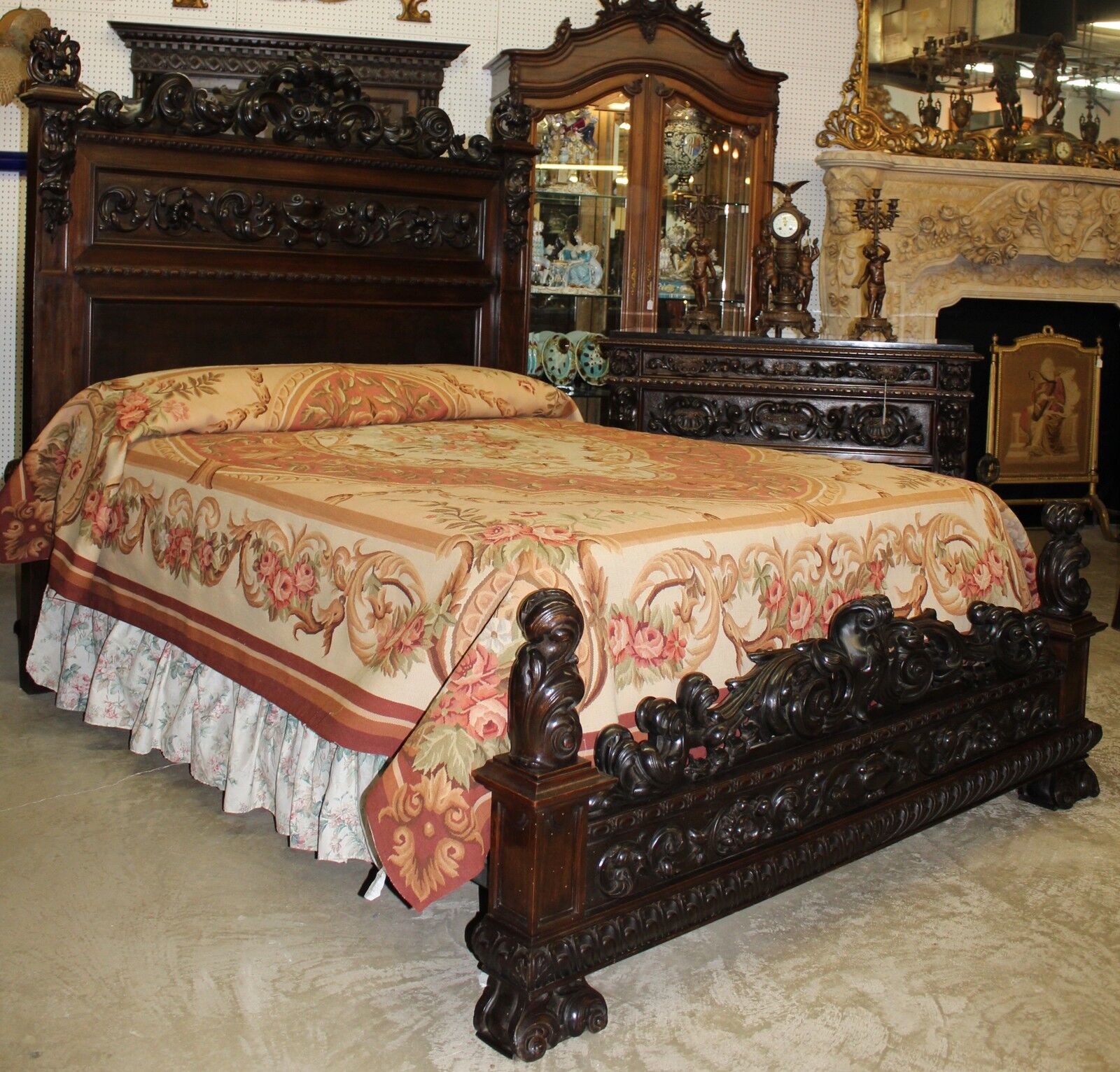 Antique Carved Italian Walnut 1800's Five Piece Queen Bed Bedroom Set