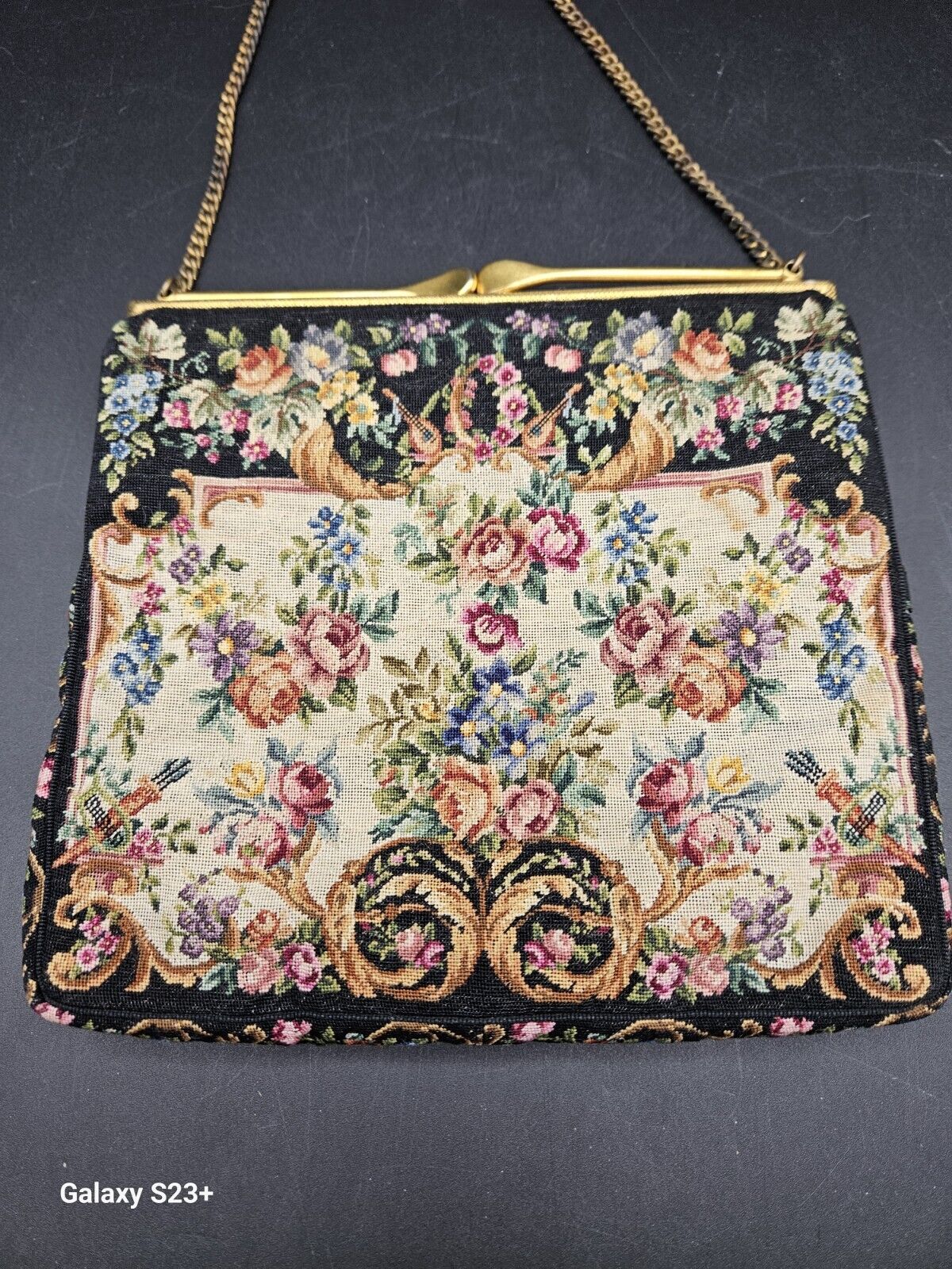 Victorian Petite Point Floral Tapestry Purse