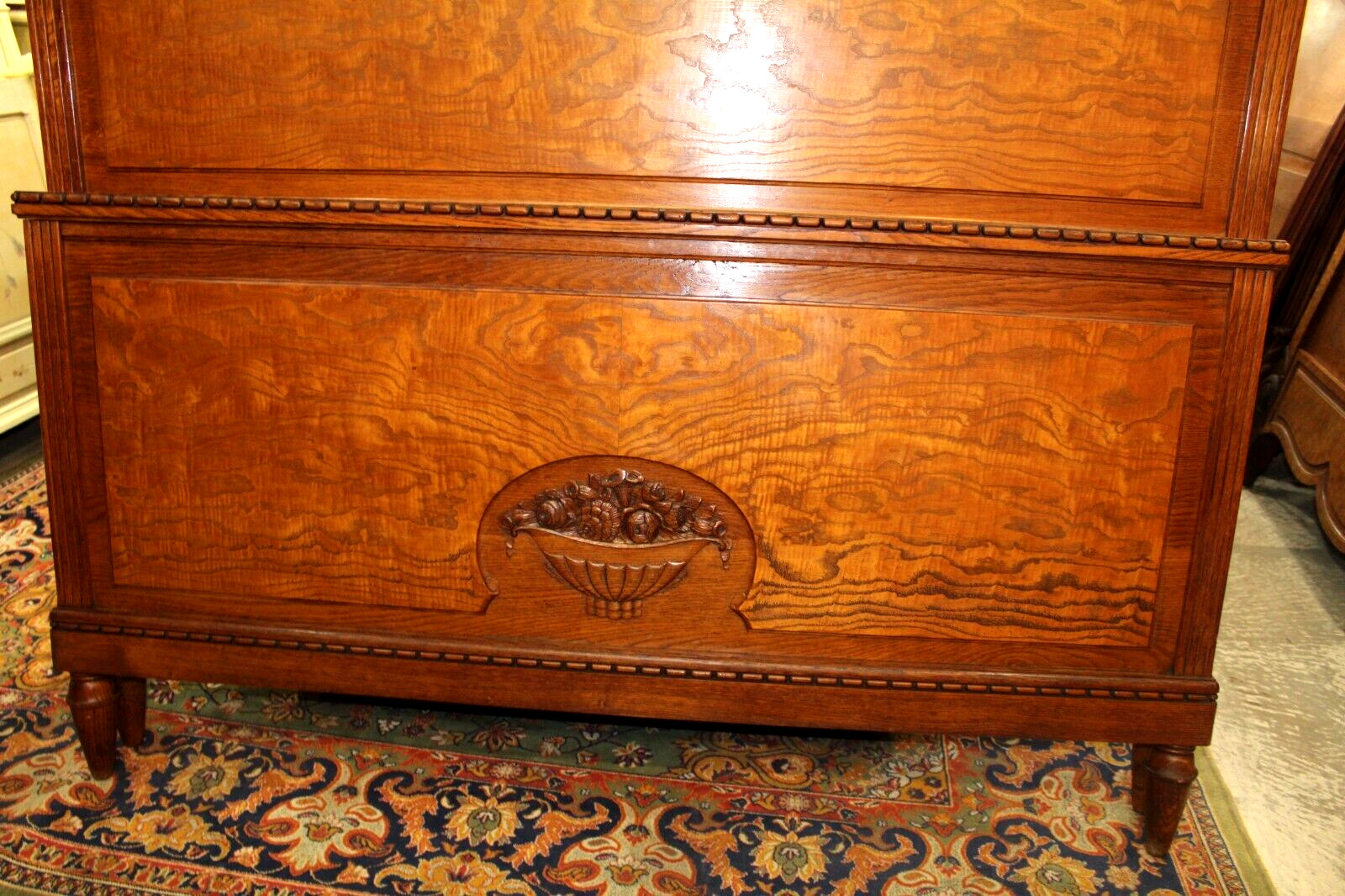 French Antique Burled Oak Art Deco Bedroom Set Queen Size Bed & Nightstand Set
