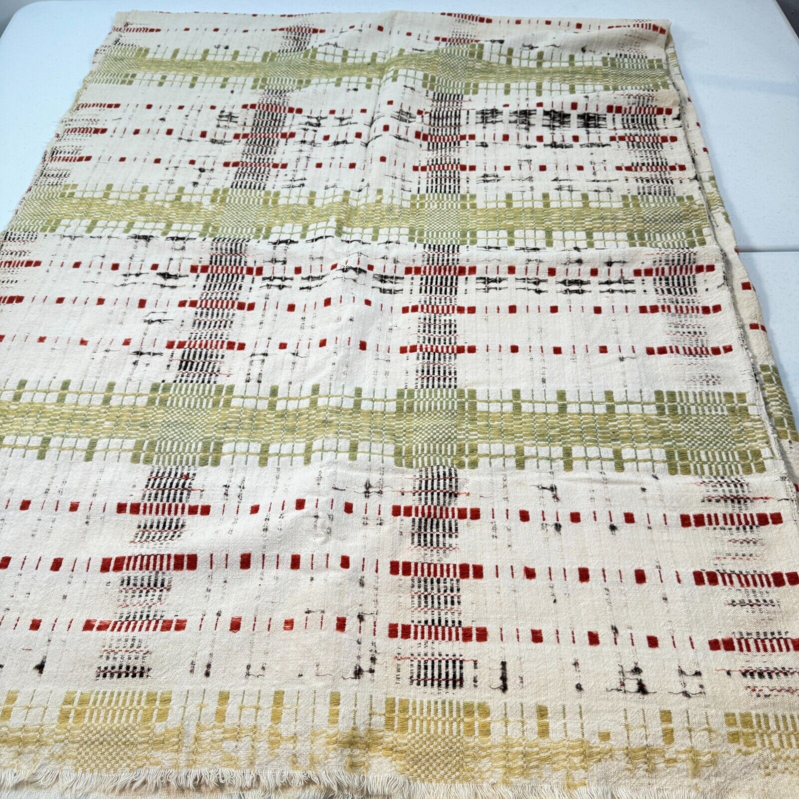 Antique handmade coverlet woven Jacquard Loomed Wool 1800s green american rustic