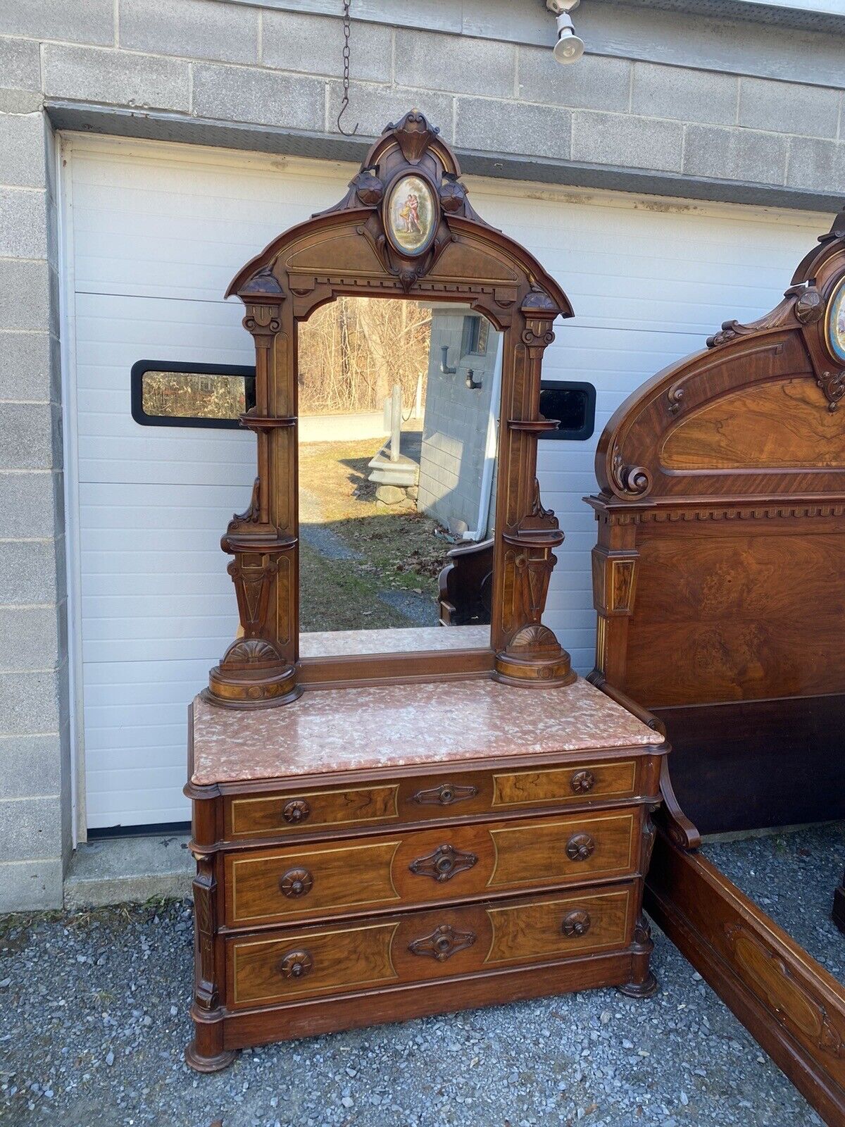 RENAISSANCE 3 PC. WALNUT AND BURL BEDROOM SET WITH PORCELAIN PLAQUES