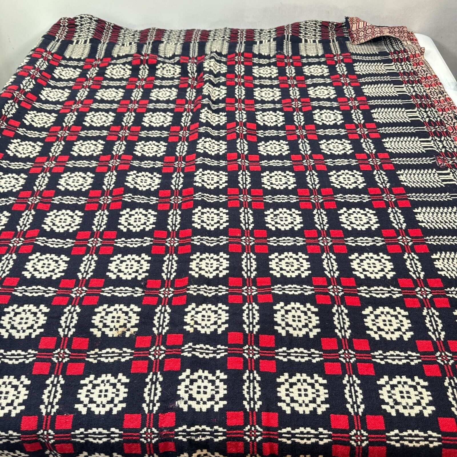 Antique handmade coverlet Reversible Jacquard Loomed Wool 1800s red american