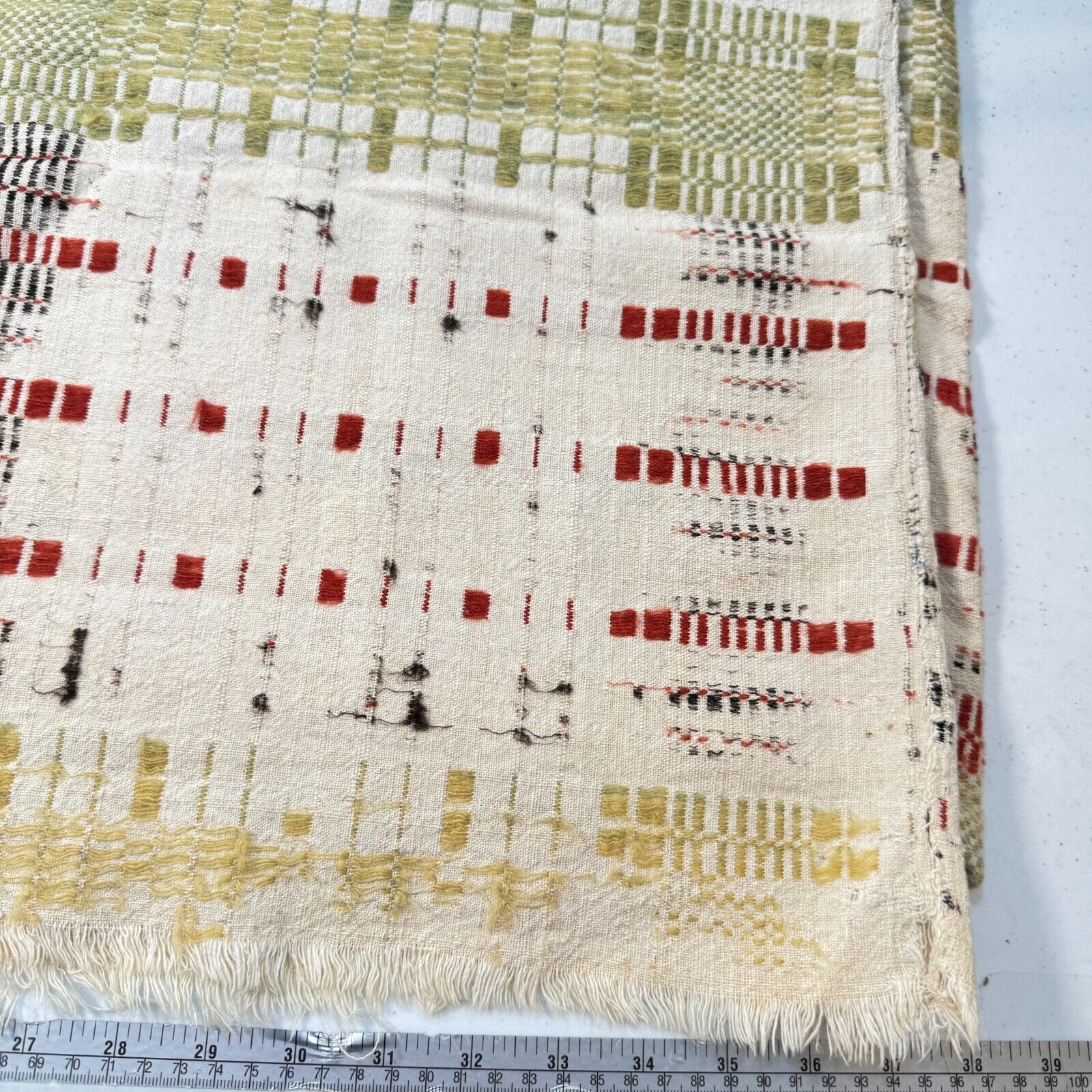 Antique handmade coverlet woven Jacquard Loomed Wool 1800s green american rustic