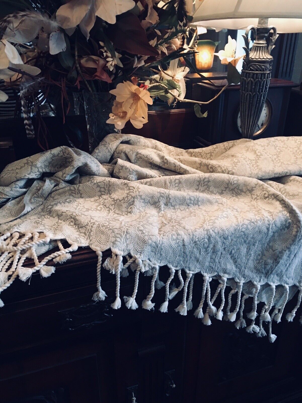 Pale Green Antique Paisley Fringe Shawl Tapestry