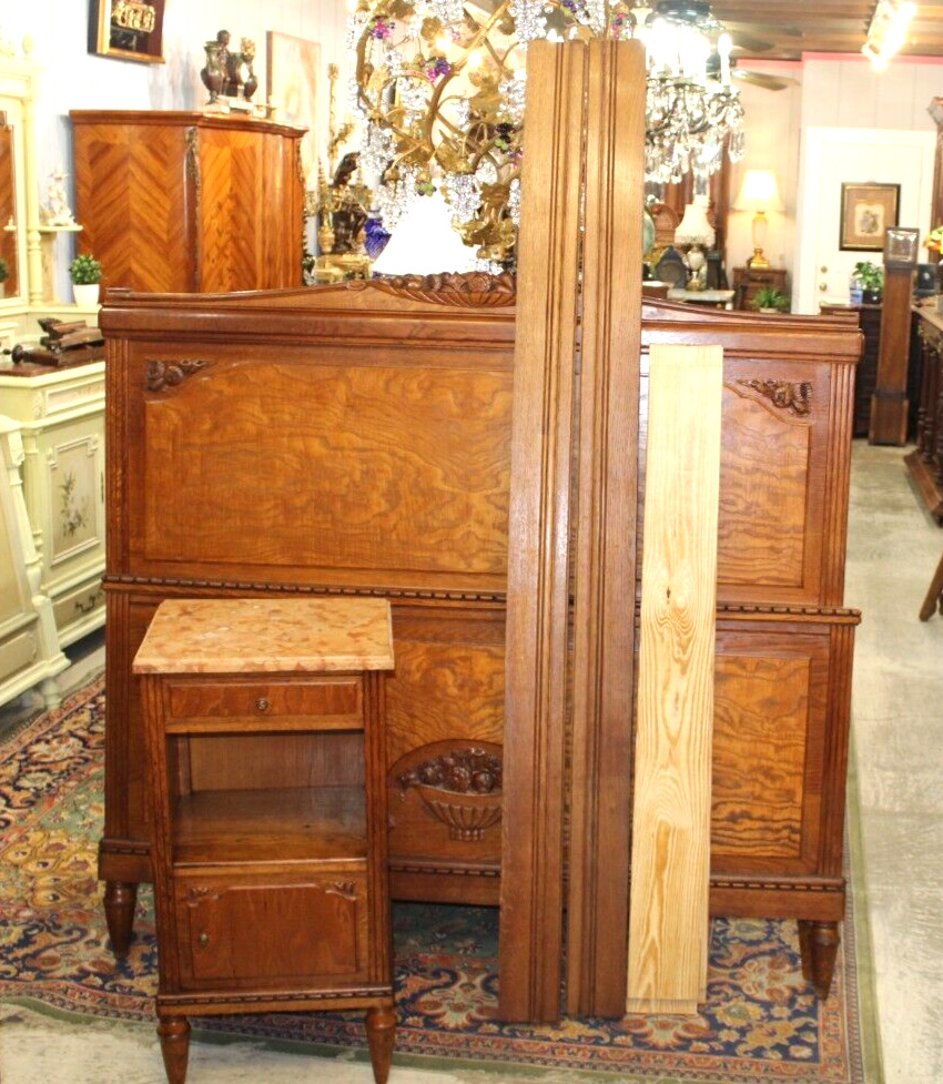 French Antique Burled Oak Art Deco Bedroom Set Queen Size Bed & Nightstand Set